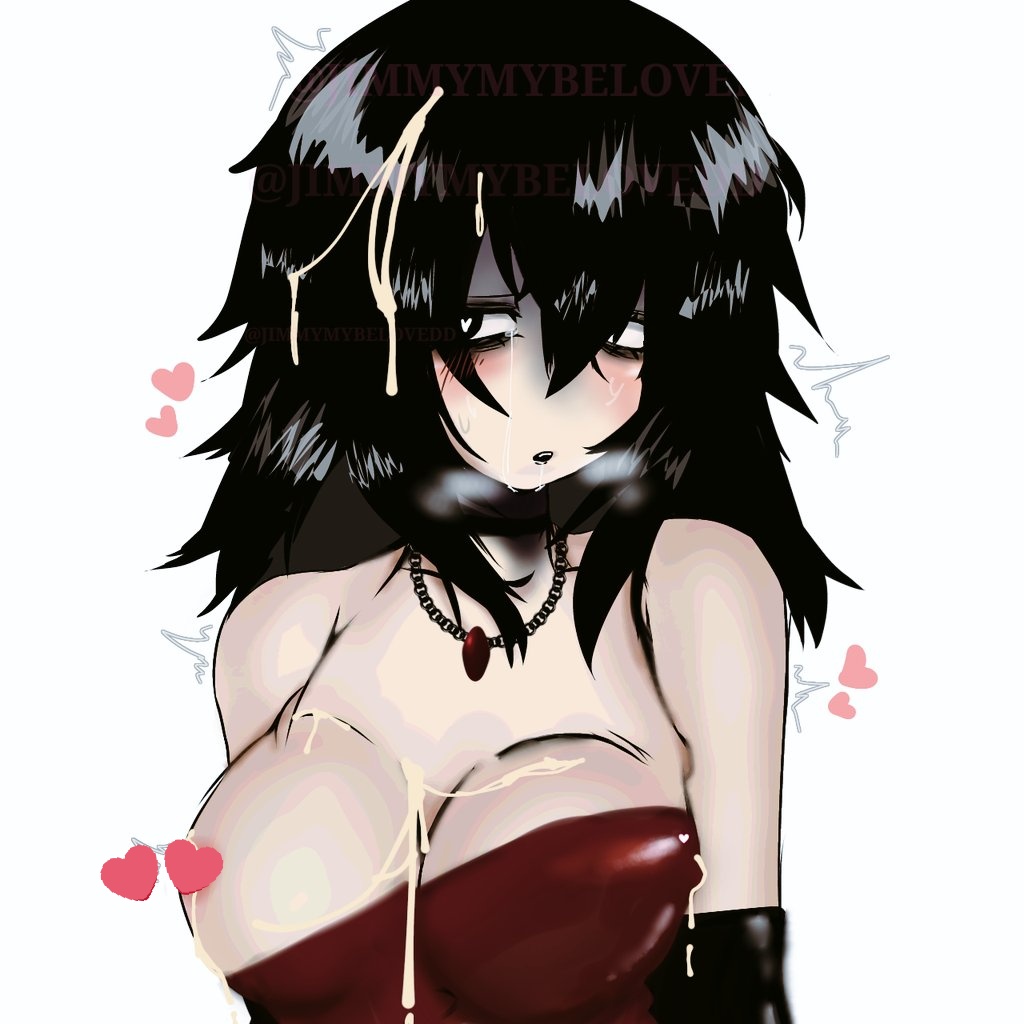 1girls anya_(mouthwashing) black_hair cum cum_on_face dress female female_focus female_only heart heart-shaped_pupils light_skin mouthwashing mouthwashing_(game) necklace