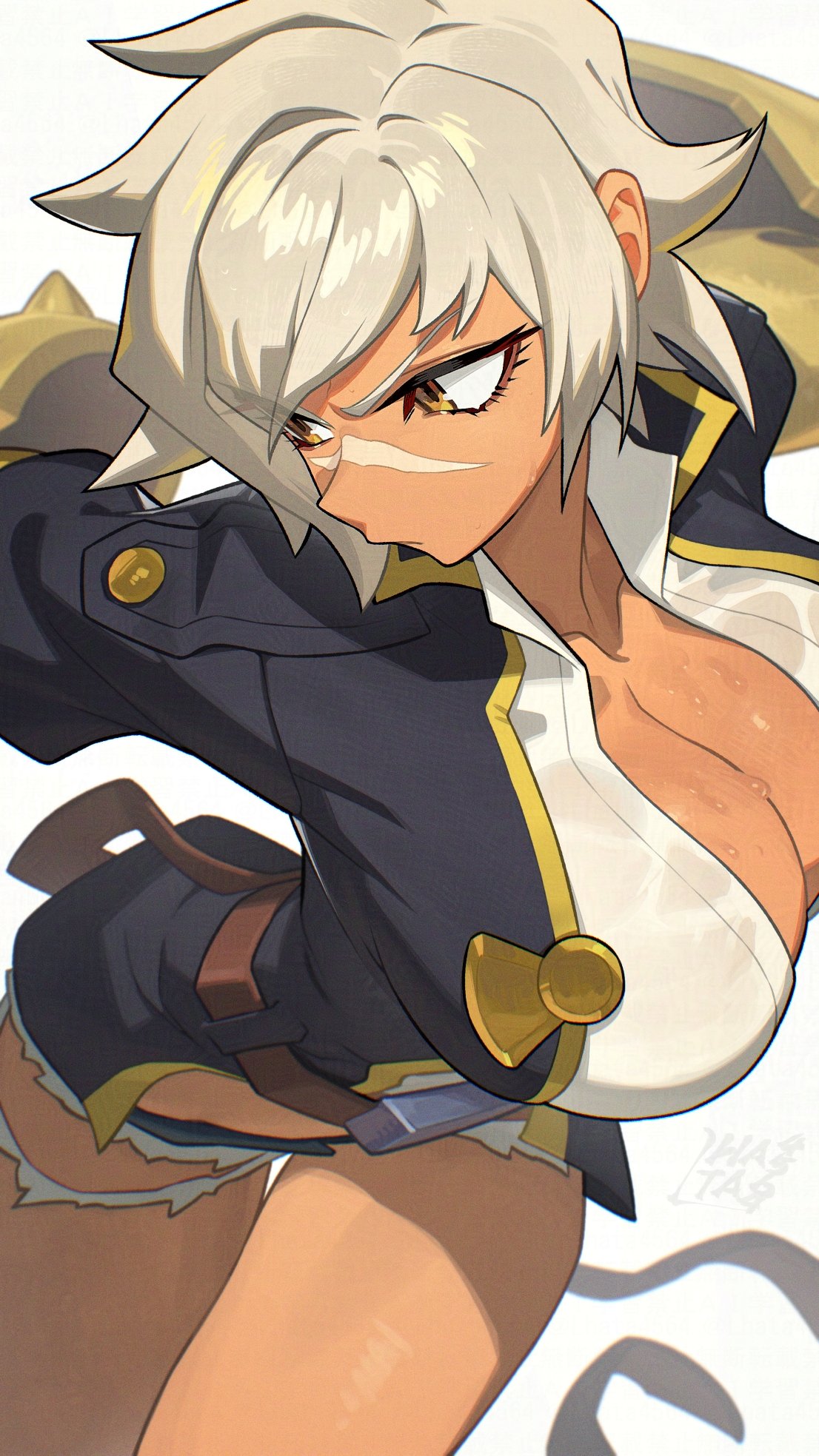 1girls blazblue bullet_(blazblue) dark-skinned_female huge_breasts lhata4564 light_hair short_shorts sweat tagme tan_body tan_skin