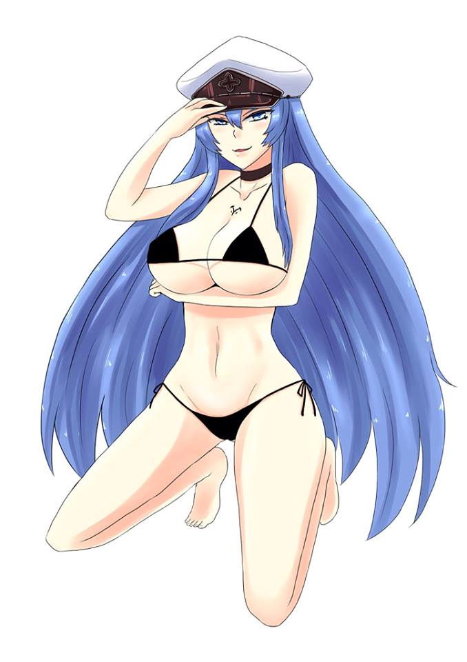 10s, akame ga kill!, barefoot, bikini, black bikini, blue eyes, blue hair, breasts, cleavage, esdeath (akame ga kill!), female, hat, highres, large breasts, long hair, looking at viewer, peaked cap, smile, solo, swimsuit, underboob