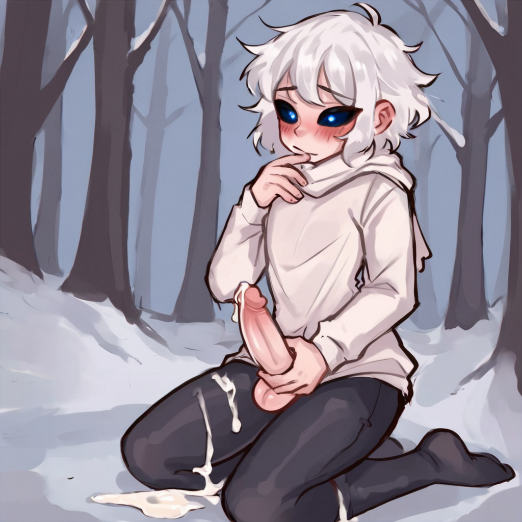 1boy ai_generated black_pants black_sclera blue_eyes blush cum cum_on_ground cum_on_legs dot_eyes dot_pupils femboy forest hand_on_own_penis hand_on_penis highres hoodie identity_v idv ithaqua_(identity_v) jerking_off masturbation osmondai outdoors penis short_hair snow solo stable_diffusion white_hair white_hoodie