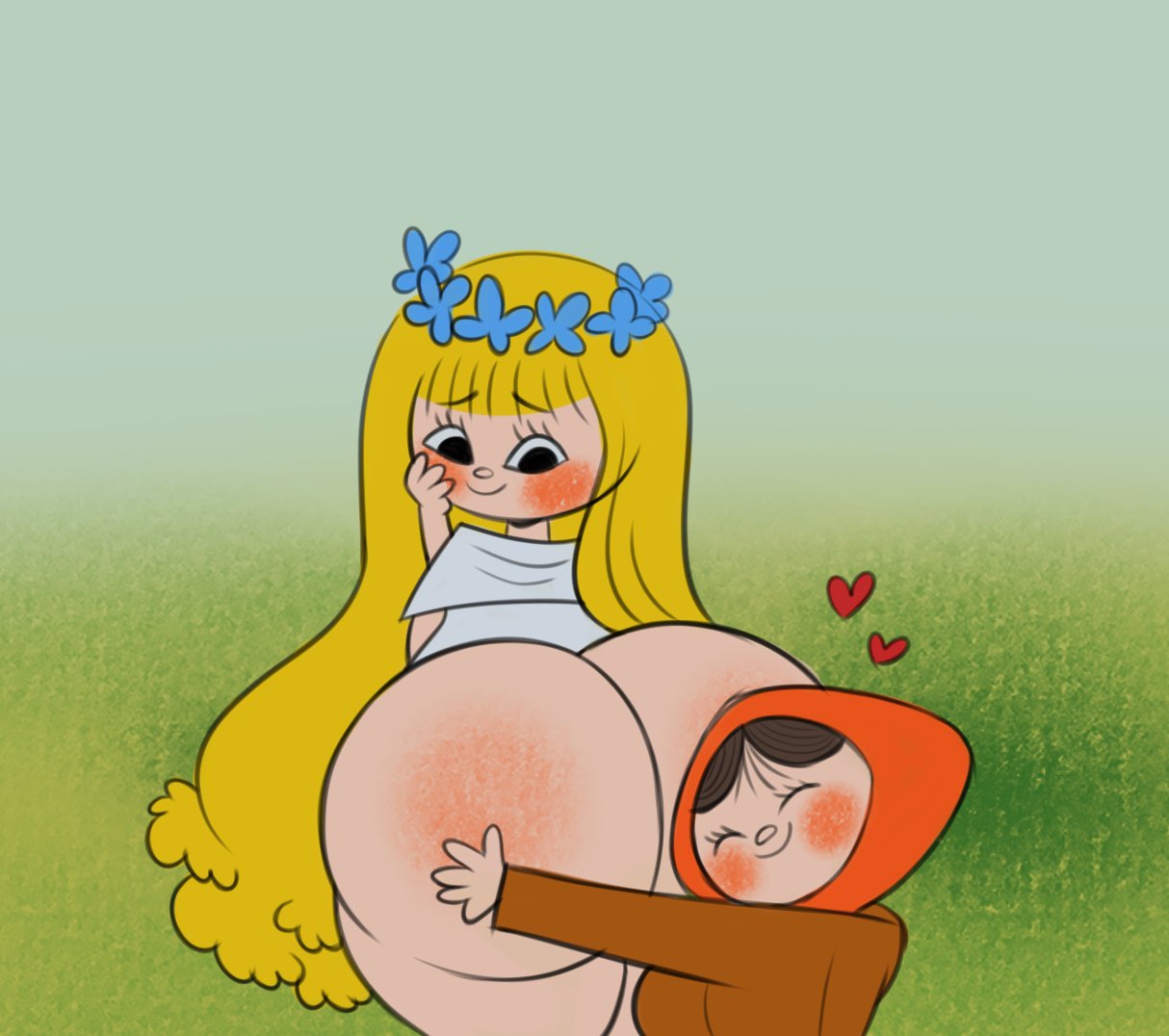 2girls ass big_ass blonde_female character_request fat_ass female flower flower_crown flower_petals head_on_ass spunkmcfunk