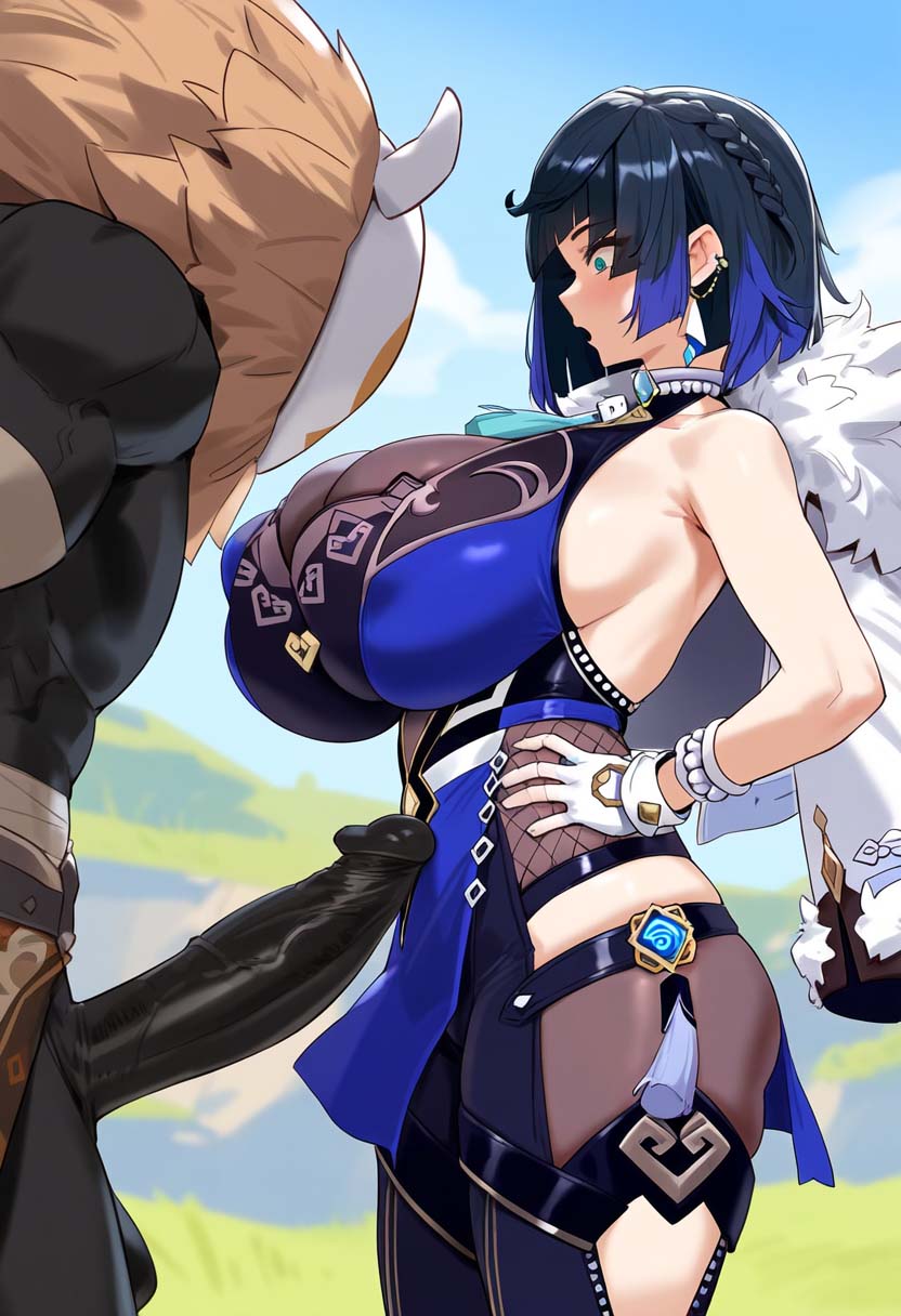 1girls ai_generated big_breasts big_penis black_hair blue_hair genshin_impact hilichurls_(species) imminent_sex interracial interspecies light-skinned_female short_hair tharkica thick_thighs voluptuous voluptuous_female yelan_(genshin_impact)