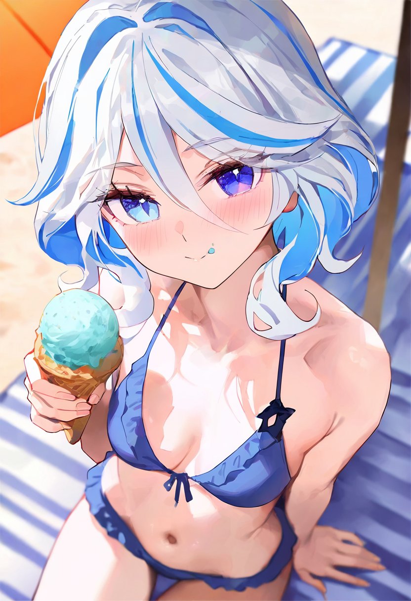 1girls ai_generated bare_shoulders bikini blue_eyes blush breasts cream_on_face eye_contact female female_only furina_(genshin_impact) genshin_impact heterochromia ice_cream looking_at_viewer small_breasts smile solo tagme white_hair