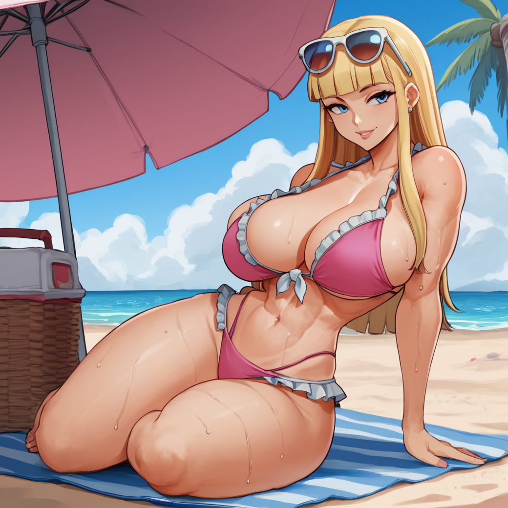 ai_generated beach bikini blonde_hair blue_eyes blunt_bangs frills large_breasts long long_hair outdoors outside stable_diffusion sunglasses sunglasses_on_head thick_thighs wet wet_skin