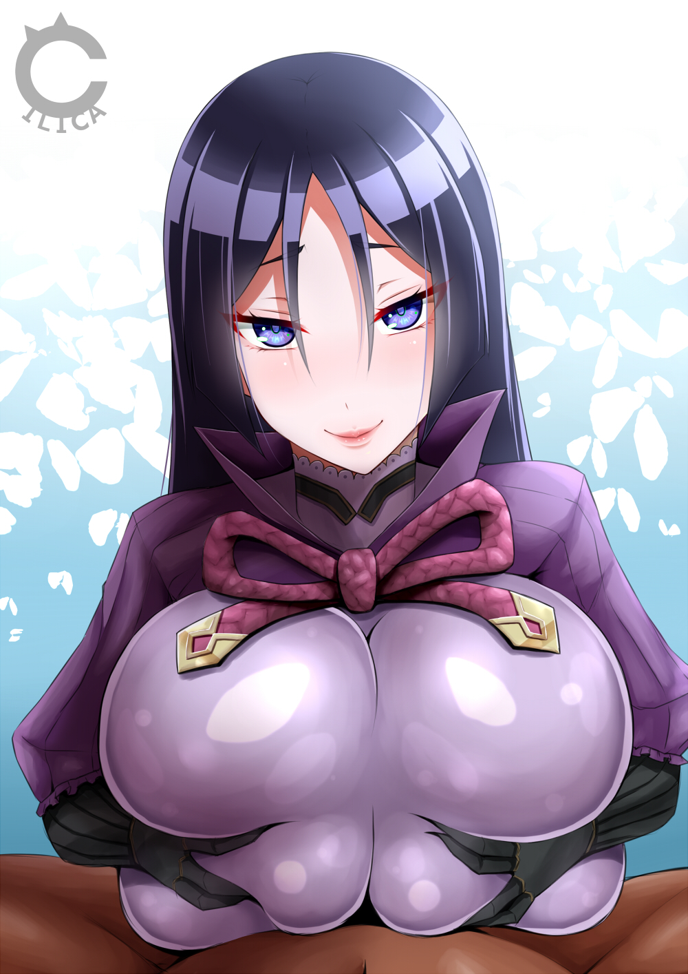 black_hair blue_eyes blush bodysuit breast_squeeze breasts cilica closed_mouth dark-skinned_male deep_skin fate/grand_order fate_(series) female hair_between_eyes highres huge_breasts long_hair looking_at_viewer minamoto_no_raikou_(fate/grand_order) paizuri pov_crotch purple_bodysuit smile tsurime upper_body