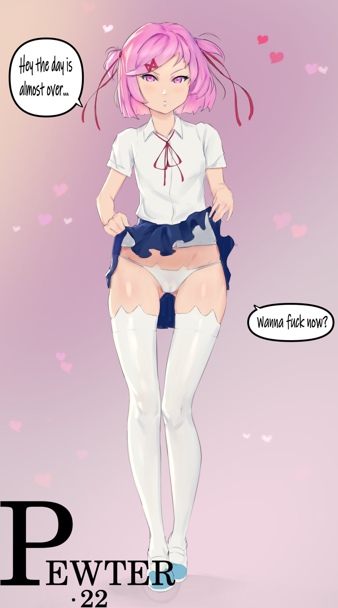 1girls, doki doki literature club, english text, exposed pussy, female, female only, lifting skirt, natsuki (doki doki literature club), panties, pewter-boi, showing off, showing pussy, solo, text