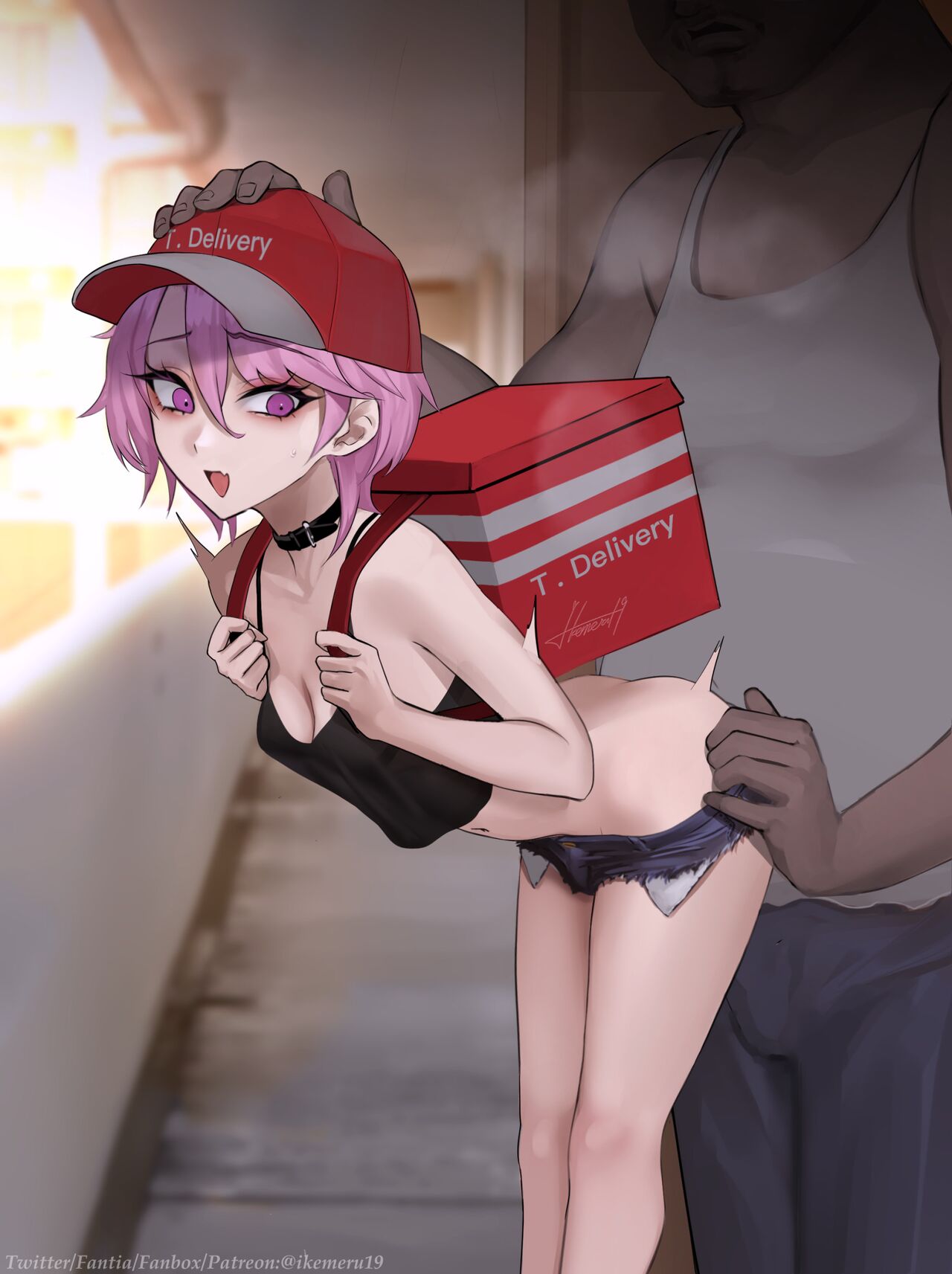 1boy 1futa ass_cleavage blouse butt_crack cap dark-skinned_male delivery delivery_girl dickgirl eyes futanari hair hand_on_ass hand_on_head hi_res highres ikemeru19 light-skinned light-skinned_futanari light_skin original original_character ria_(ikemeru19) short shorts skin