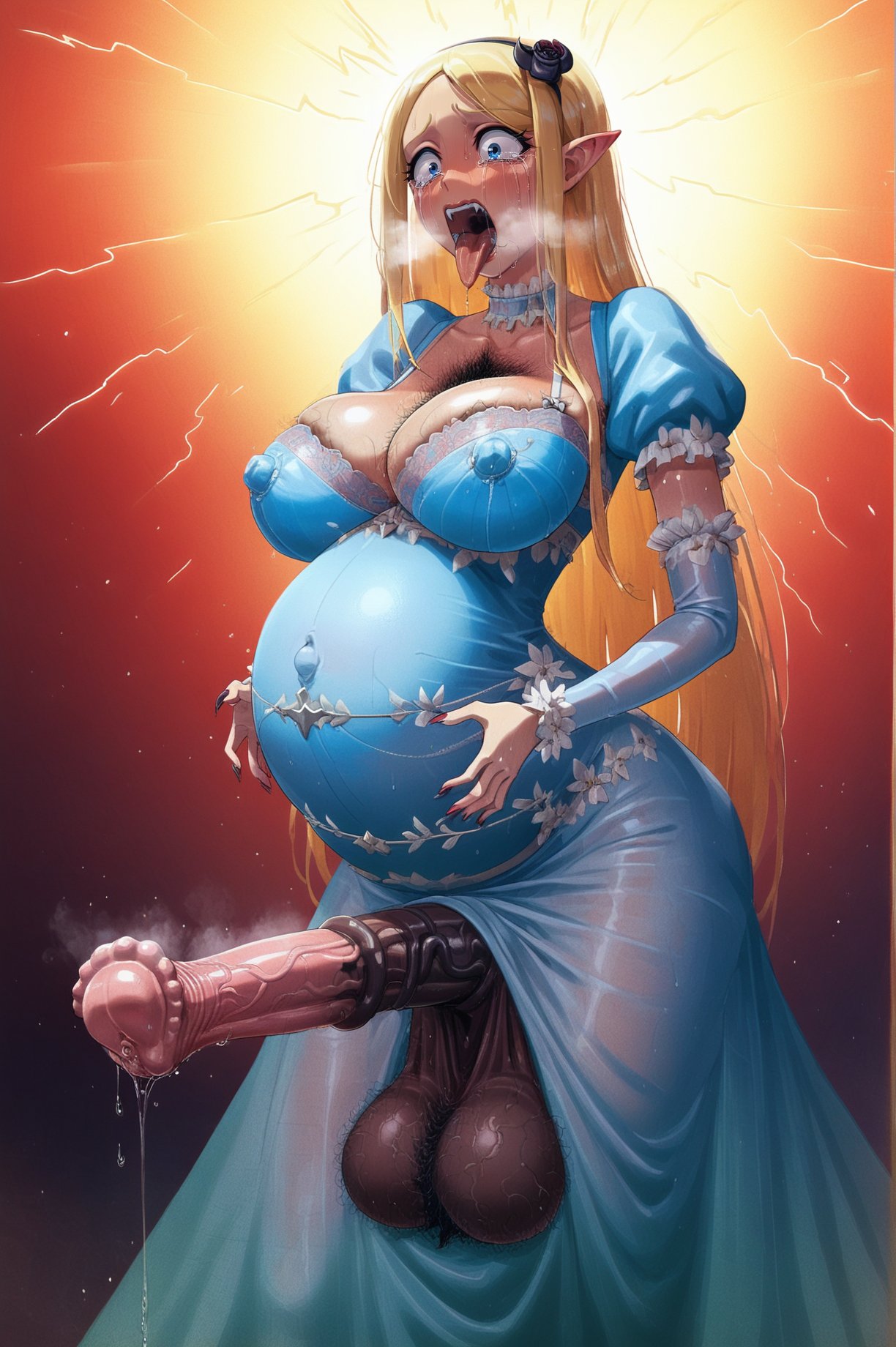 ai_generated blonde_hair dress embarrassed expansion futanari fuxdess hairy hairy_armpits horsecock horsecock_futanari huge_breasts huge_nipples looking_at_viewer nose_ring pregnant renner_theiere_chardelon_ryle_vaiself tagme transformation