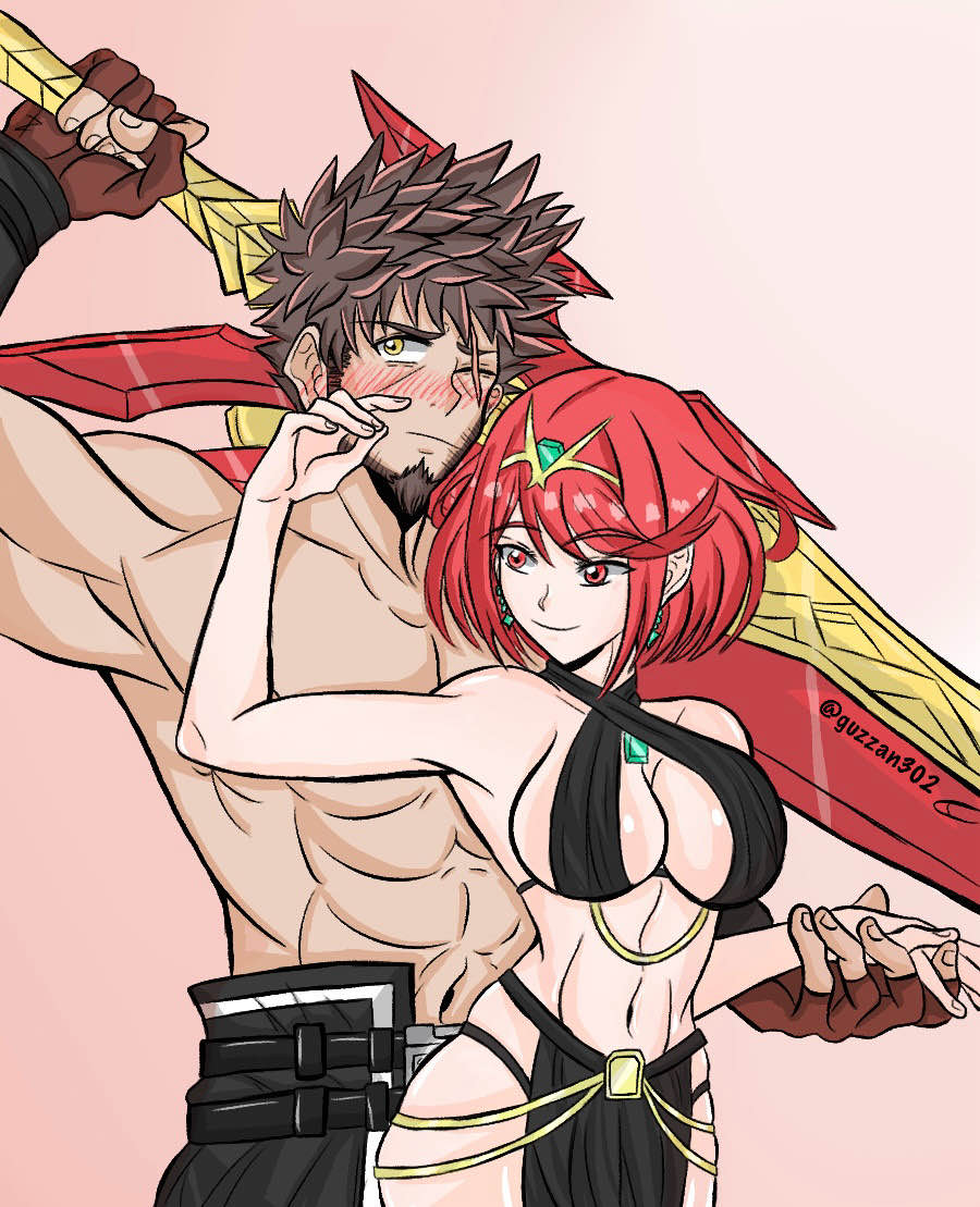 black_dress boob_window canon_couple confident confident_female embarrassed flustered flustered_male guzzan302 half-dressed holding_hands large_breasts larger_male muscular muscular_male nintendo pelvic_curtain pyra red_eyes red_hair rex_(xenoblade) scantily_clad scar scar_across_eye scar_on_face short_hair shorter_female smaller_female smile taller_male tiara topless topless_male xenoblade_(series) xenoblade_chronicles_2 xenoblade_chronicles_3 xenoblade_chronicles_3:_future_redeemed