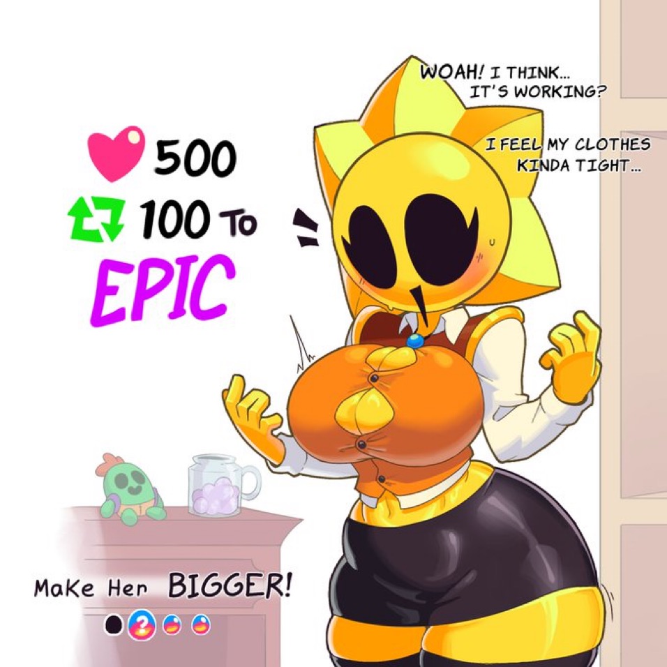 1girls big_breasts brawl_stars breast_expansion breasts breasts_bursting_out bursting_breasts female hip_expansion office_lady solo solo_female starr_drop_(brawl_stars) sunnythensfwer thick_thighs weight_gain wide_hips yellow_body