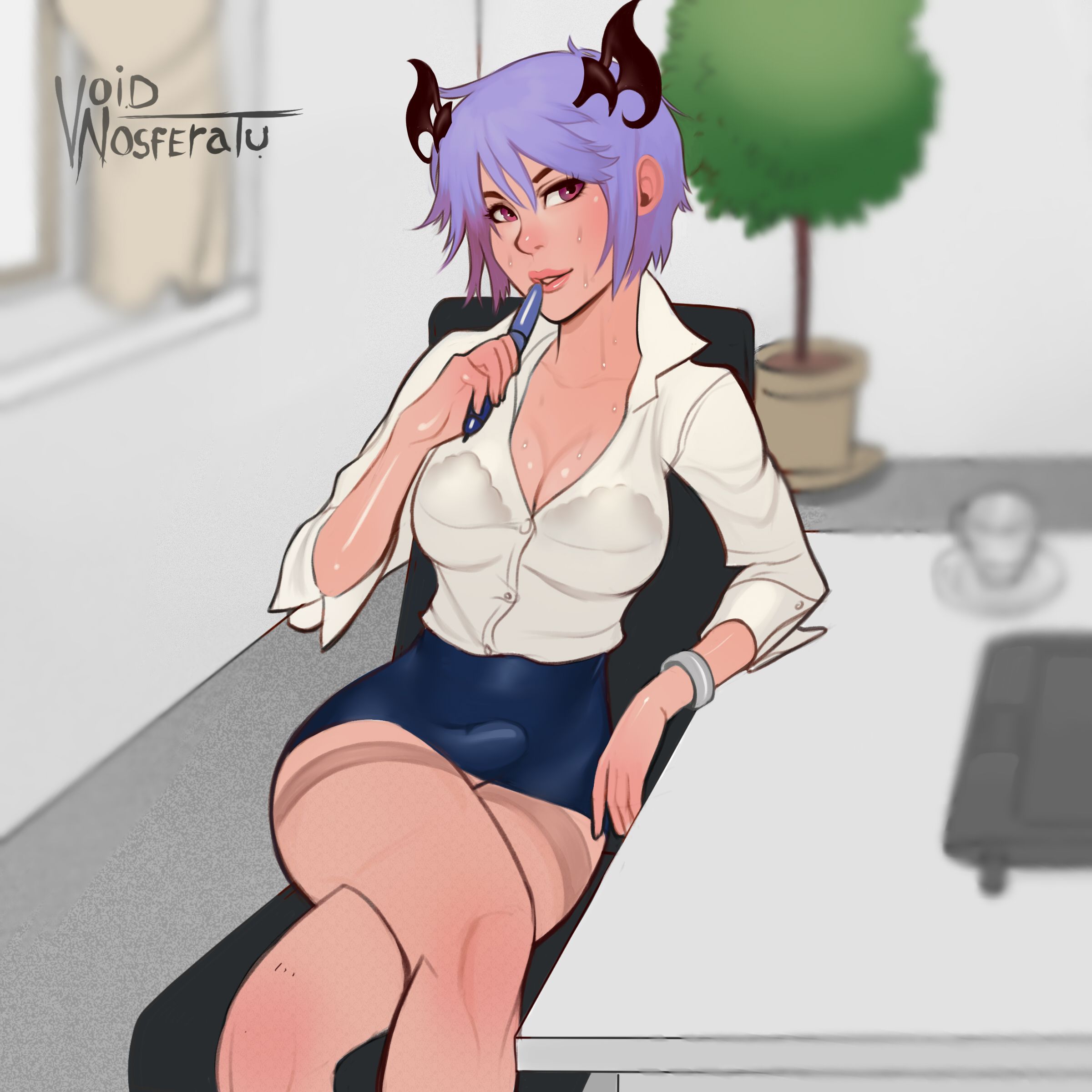1futa, bulge, cameltail, cleavage, futa only, futanari, horns, intersex, miniskirt, purple hair, sehn, shirt, short hair, sitting, skirt, solo, voidnosferatu