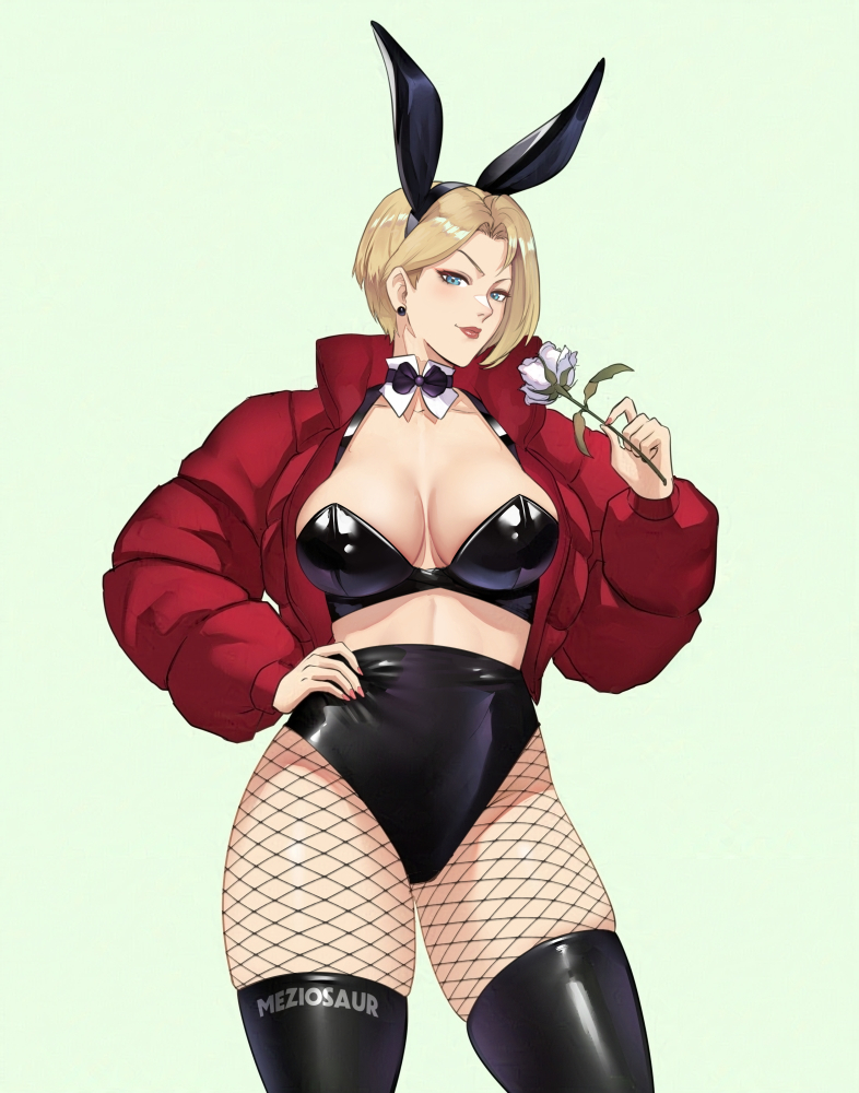 1girls big_breasts blonde_hair blue_eyes bow bowtie bra breasts bunny_ears bunny_girl bunnysuit busty cleavage clothed earrings female fishnets flower hand_on_hip jacket king_(snk) king_of_fighters latex leather legwear light-skinned_female light_skin looking_at_viewer meziosaur pale_skin rose seductive_look shiny short_hair thick thick_thighs thighs tie tight_clothes voluptuous voluptuous_female wide_hips