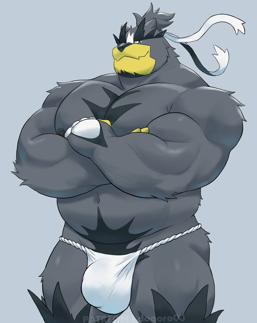 2024 anthro areola asian_clothing barazoku belly biceps big_bulge big_muscles bulge clothed clothing crossed_arms east_asian_clothing fundoshi fundoshi_only fur generation_8_pokemon grey_background hair hi_res huge_bulge huge_muscles japanese_clothing kemono legendary_pokemon looking_at_viewer male musclegut muscular muscular_anthro muscular_male navel nintendo nipples o-ro pecs pokemon pokemon_(species) ponytail simple_background smile solo standing text thick_arms thick_thighs topless topless_anthro topless_male tuft underwear underwear_only url urshifu