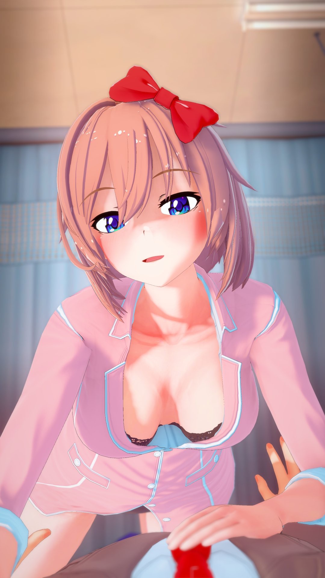 cleavage doki_doki_literature_club looking_at_viewer mashirosolera on_top pov pov_eye_contact sayori_(doki_doki_literature_club)