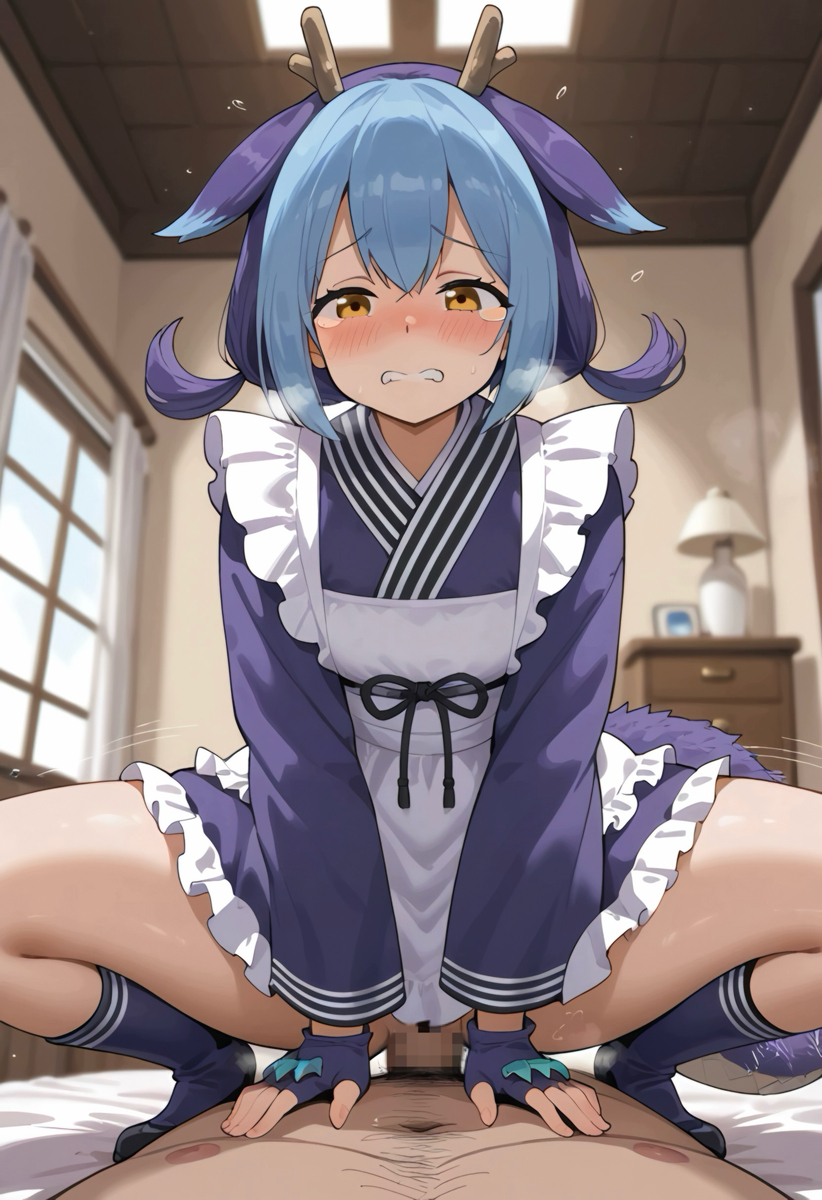 1boy 1boy1girl 1girls ai_generated apron blue_hair blush censored clothed clothed_female clothed_female_nude_male clothed_sex clothing cowgirl_position dragon_girl dragon_horns embarrassed female female_focus female_on_top female_penetrated horn laundry_dragonmaid maid maid_apron maid_outfit maid_uniform male_penetrating male_penetrating_female male_pov old_man older_male on_top on_top_of_penis pov spread_legs spreading squatting squatting_cowgirl_position tears yellow_eyes yu-gi-oh!