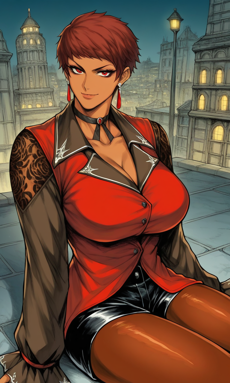 1girls ai_generated big_breasts brown_hair busty cleavage clothed curvaceous dark-skinned_female dark_skin dress earrings female huge_breasts king_of_fighters large_breasts pantyhose red_eyes short_hair sitting tan tan_skin tanned tanned_skin thick thick_thighs thighs vice_(kof) voluptuous voluptuous_female