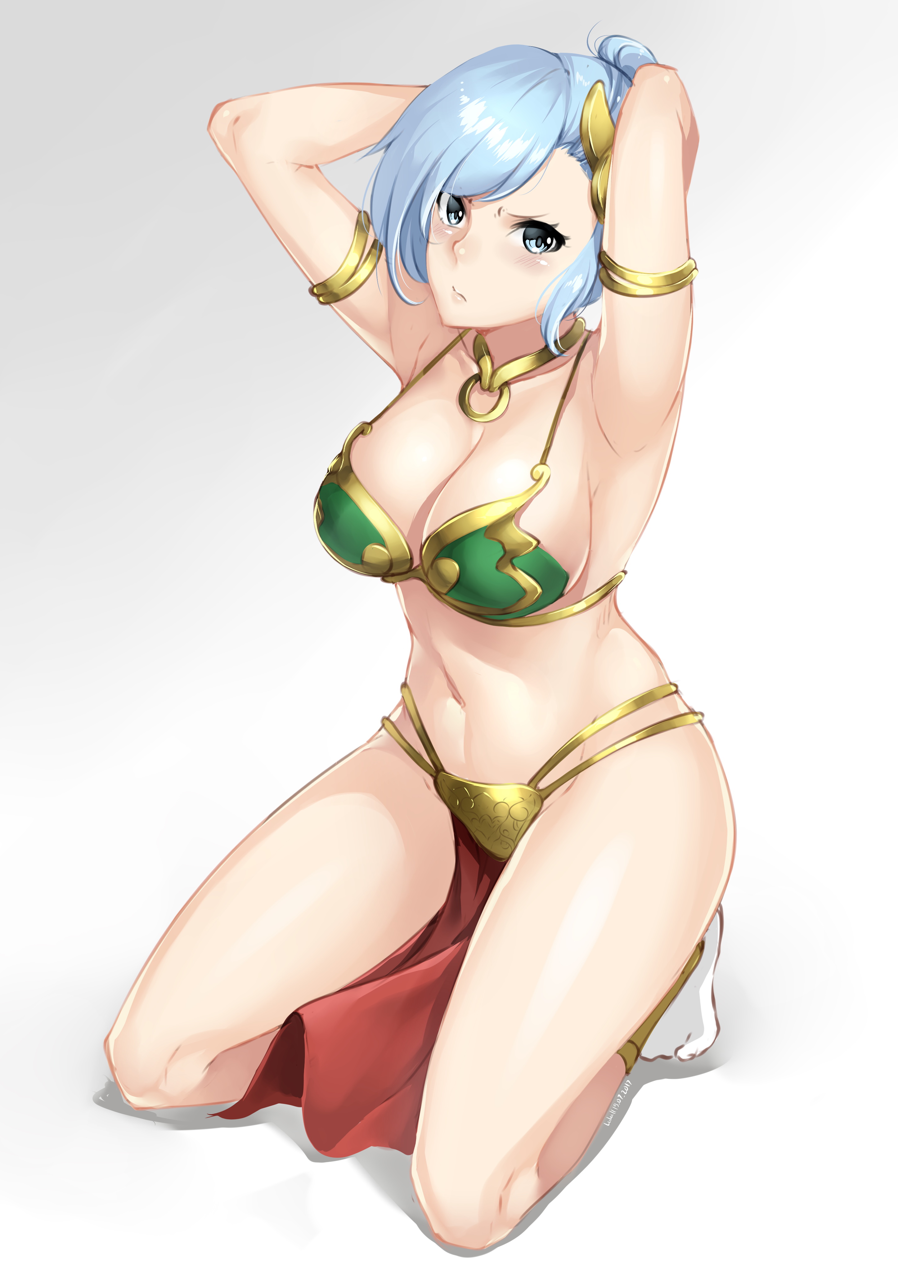 1girls, absurdres, armlet, armpits, arms behind head, belly, big breasts, bikini top, blue eyes, blue hair, bondage, breasts, cleavage, cosplay, covered breasts, covered nipples, eyelashes, female, female only, full body, hair bun, highres, hips, human, jewelry, kneeling, large breasts, legs, lips, long hair, looking at viewer, lulu-chan92, metal bikini, midriff, navel, necklace, neckwear, return of the jedi, rwby, skirt, slave, slave bikini, slave leia (cosplay), socks, solo, star wars, stomach, swimsuit, thighs, tied hair, white socks, winter schnee