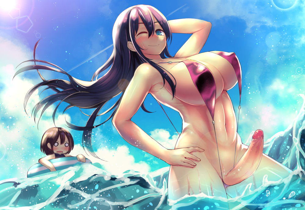 1futa, 1girls, big breasts, breasts, cleavage, dickgirl, erection, female, futanari, green eyes, intersex, large breasts, looking at viewer, penis, purple hair, urakata (artist)