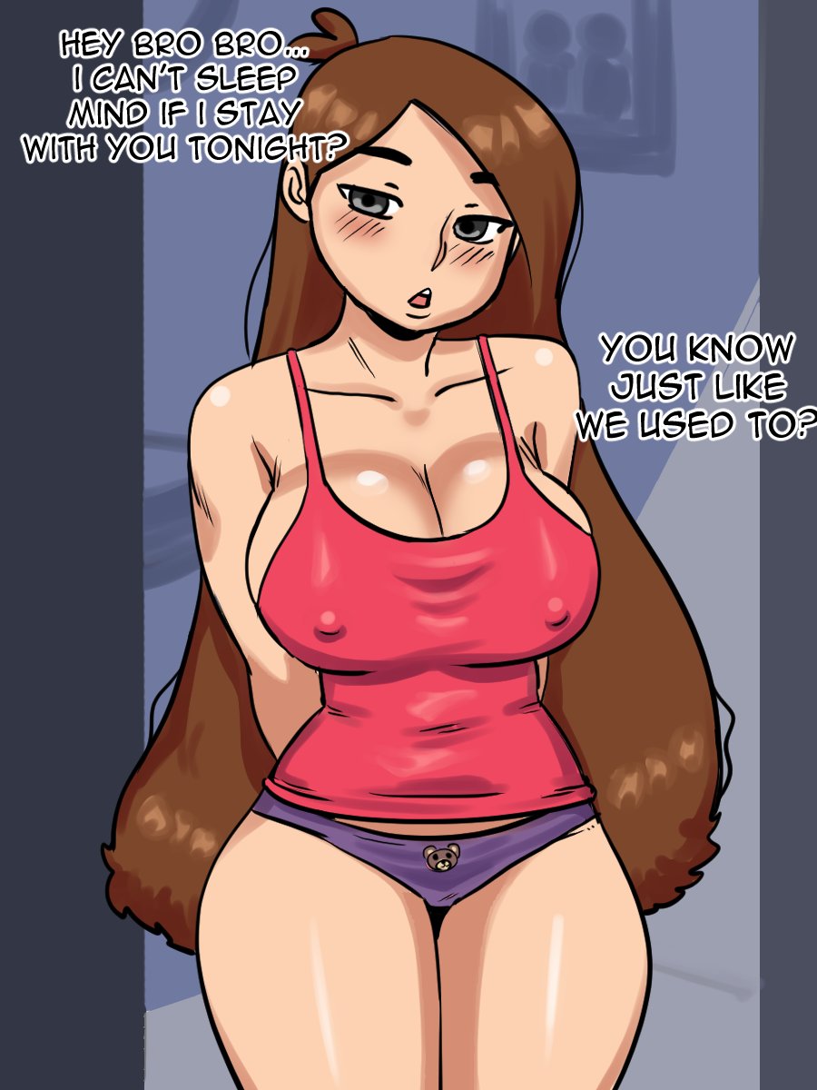 1girls bedroom big_breasts blush brown_hair darkeros13 gravity_falls grey_eyes hands_behind_back huge_breasts large_breasts light-skinned_female mabel_pines panties red_dress sleepy text thick_thighs very_long_hair wide_hips