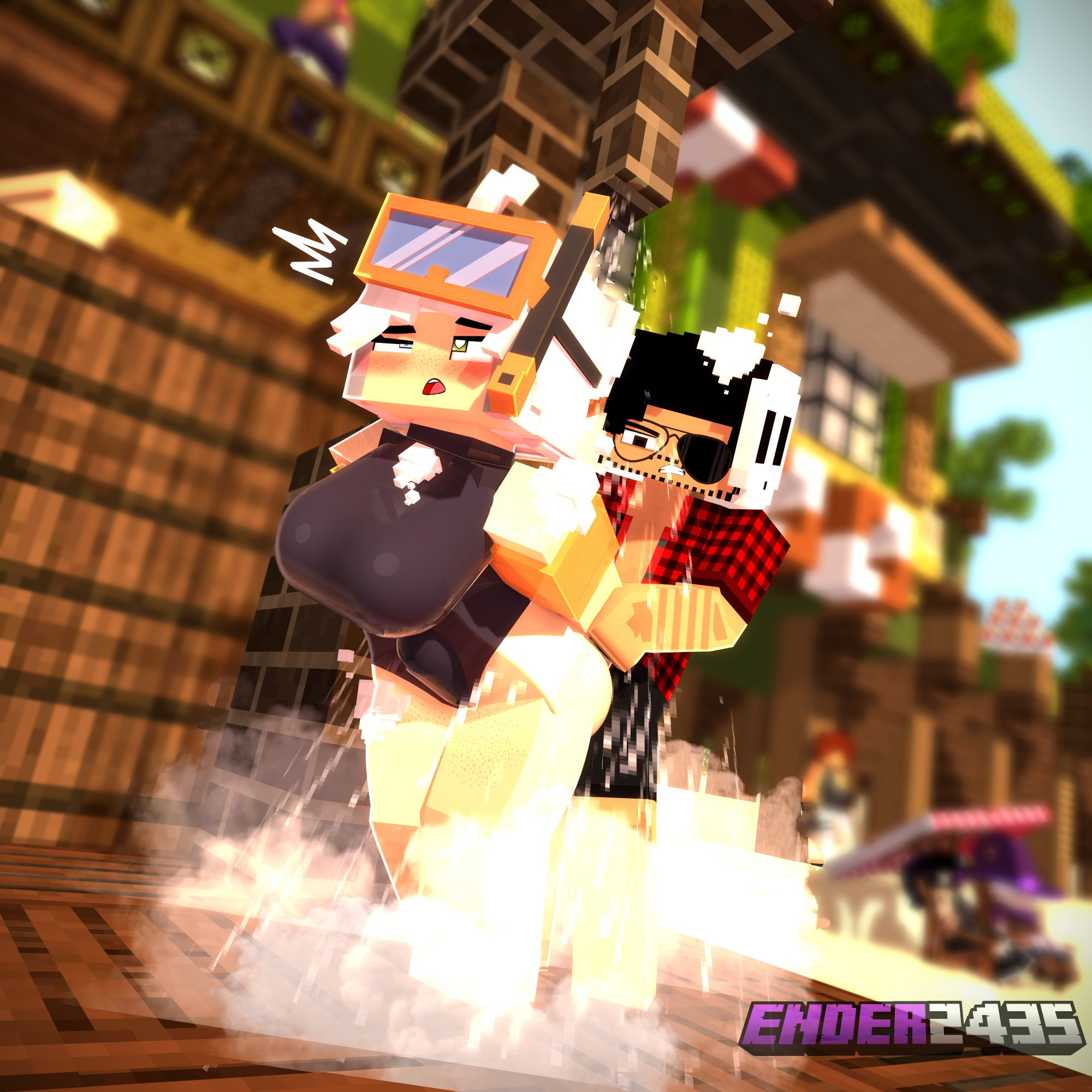 1boy, 1girls, 3d, ass, beach, big ass, big breasts, blonde hair, breasts, ender2435, female, from behind position, glasses on head, grace (ender2435), horny female, human, humanoid, male, mex arthur (arthur32), mine-imator, minecraft, multicolored eyes, outdoors, outside, public, public sex, pussy, standing sex, straight, summer, swimsuit, tagme, vaginal penetration, white hair
