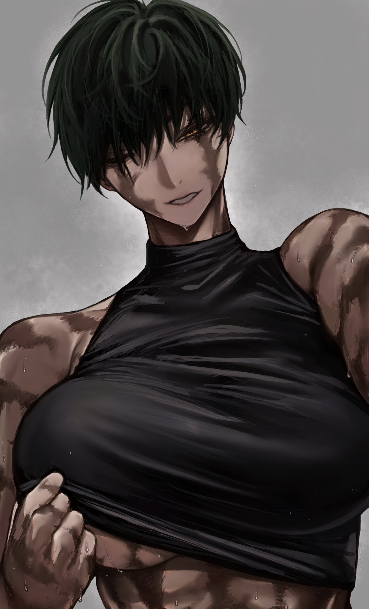 1girls, bare shoulders, black shirt, breasts, burn scar, clothes pull, crop top, cropped torso, female, green hair, green-haired female, grey background, jujutsu kaisen, kobun0, large breasts, lifting own clothes, looking at viewer, maki zenin, multiple scars, one eye closed, pulling own clothes, scar, scar on arm, scar on breasts, scar on face, scar on shoulder, scar on stomach, scarred breasts, scars all over, shirt, short hair, sleeveless, smile, solo, solo focus, sweat, sweatdrop, tomboy, very short hair, yellow eyes, zenin maki