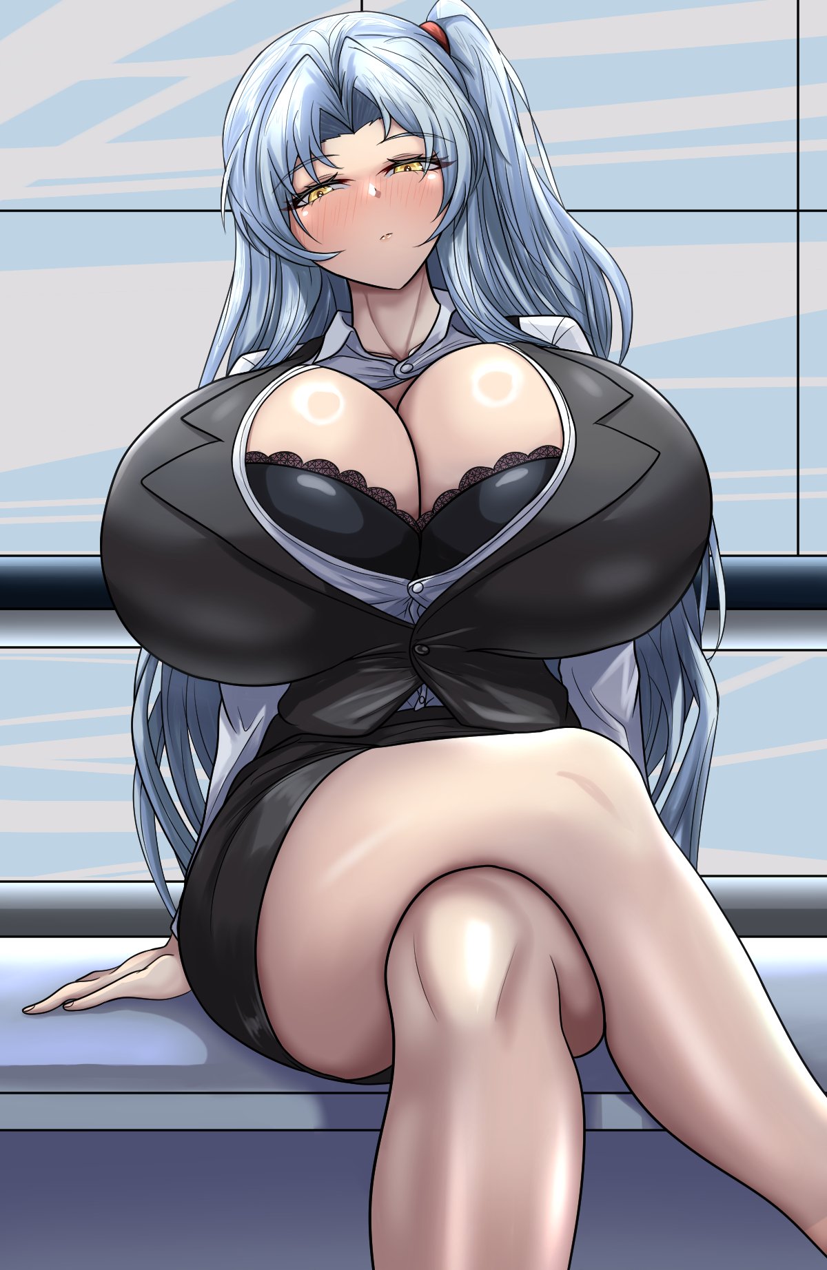 alternate_version_at_source angela_(lobotomy_corporation) bare_legs bare_thighs big_breasts big_cleavage black_bra blue_hair blush breasts_bigger_than_head breasts_out_of_clothes breasts_popping_out button_down_shirt button_pop crossed_legs huge_breasts huge_cleavage lobotomy_corporation lv_lunatic massive_breasts project_moon tagme yellow_eyes