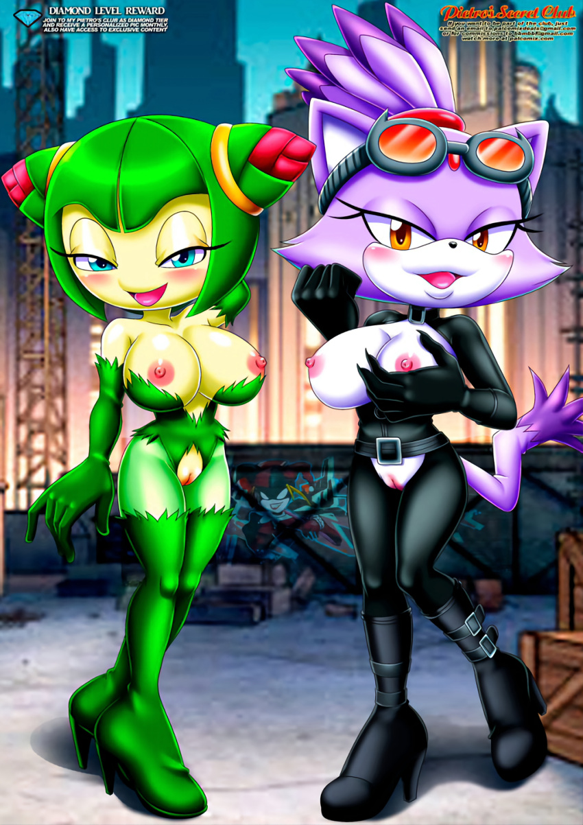 2girls batman_(series) bbmbbf big_breasts blaze_the_cat catwoman catwoman_(cosplay) cosmo_the_seedrian cosplay crossover crossover_cosplay crotchless crotchless_clothes dc_comics edit furry mobius_unleashed nipples palcomix poison_ivy poison_ivy_(cosplay) pussy_cutout sega sonic_(series) sonic_the_hedgehog_(series) sonic_x tagme upscaled