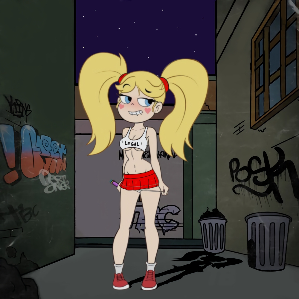 alley bitch biting_lip croc_(artist) dark_alley female graffiti_on_wall night night_sky panties panties_down prostitute prostitution slut smile star_butterfly star_vs_the_forces_of_evil whore yellow_hair younger_female