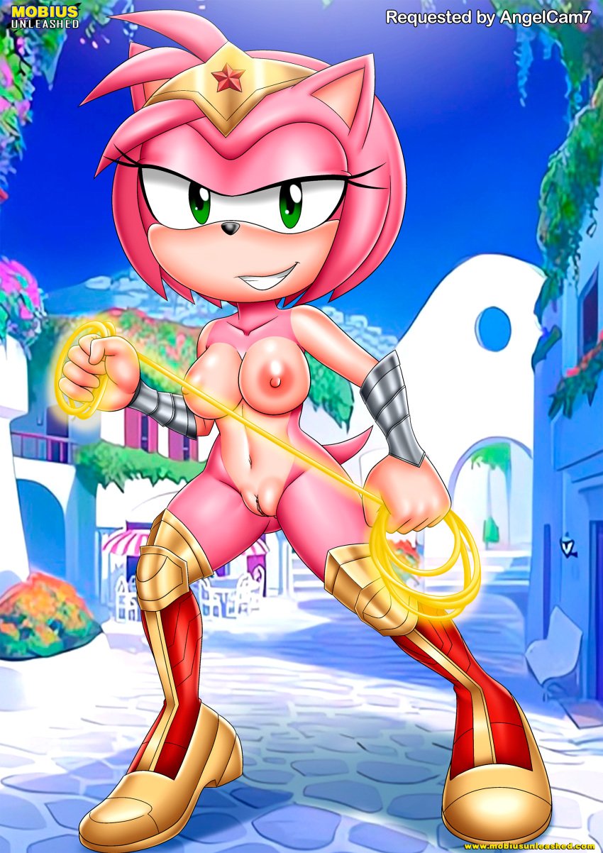 amy_rose anthro bbmbbf breasts dc_comics female female_only looking_at_viewer mobius_unleashed nipples nude palcomix pussy sega sonic_the_hedgehog_(series) wonder_amy wonder_woman_(cosplay)