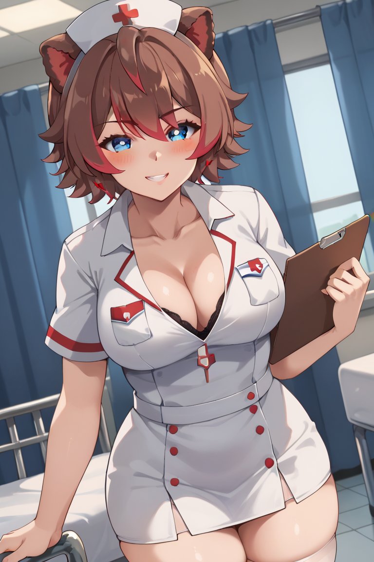 1girls ai_generated animal_ears big_breasts blue_eyes blush breasts brown_hair day hospital indoors kemonomimi latam_virtual_youtuber looking_at_viewer multicolored_hair nurse nurse_uniform raccoon_ears raccoon_girl rakkun red_hair short_hair smile solo_female tagme thighs tupadrev4 virtual_youtuber vtuber