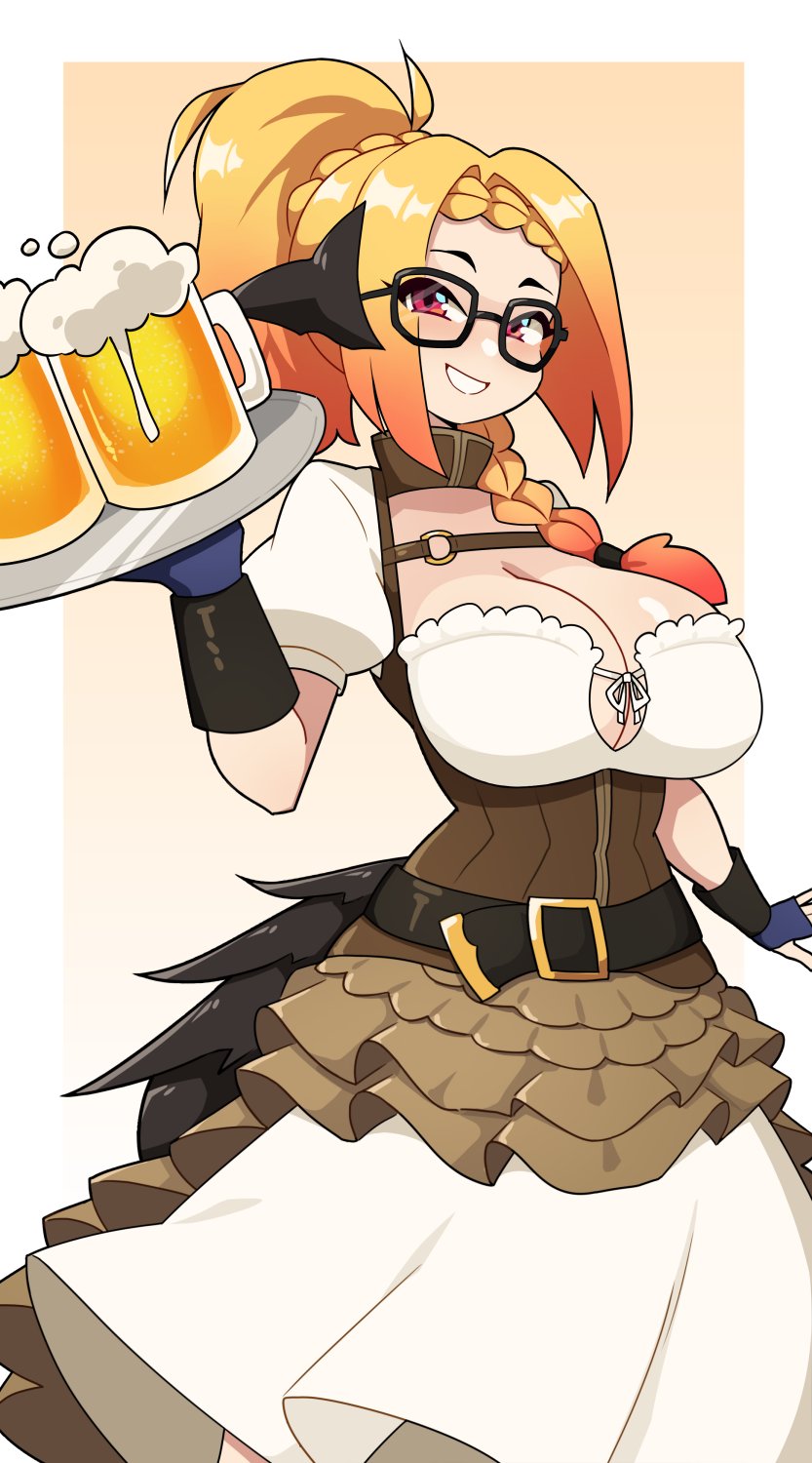 1girls alcohol beer beer_mug big_breasts blonde_hair braided_hair clothing commission dress female female_only final_fantasy final_fantasy_xiv glasses hi_res j5daigada light-skinned_female light_skin looking_at_viewer ponytail red_eyes red_highlights smiling smiling_at_viewer solo tray viera waitress