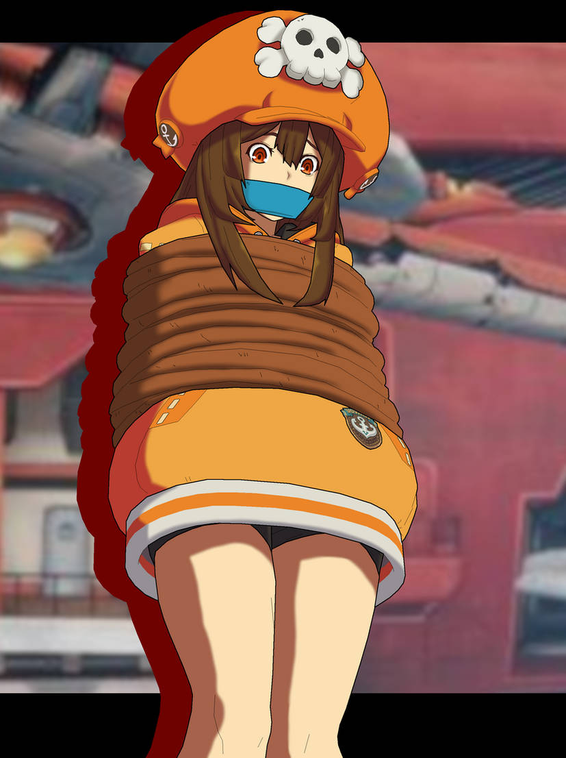 arc_system_works bondage brown_hair gagged guilty_gear guilty_gear_strive legs may_(guilty_gear) mikesedam2 orange_eyes orange_hat orange_hoodie otm_gag pirate pirate_girl pirate_hat rope_bondage white_skin