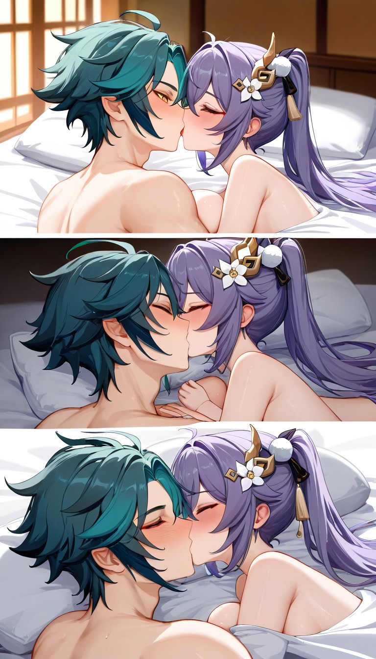 1boy 1girls ai_generated blush female genshin_impact green_hair keqing_(genshin_impact) kissing long_hair making_out male male/female on_bed purple_hair straight tag_your_posts tagme xiao xiao_(genshin_impact)