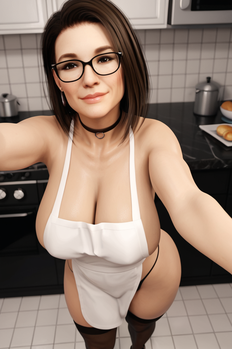 3d 3d_(artwork) ai_generated apron big_ass big_breasts brown_hair brown_hair busty cassandra(oc) cleavage glasses housewife kitchen medium_hair milf mommy mother mother radnsad solo solo_female solo_focus thick_thighs