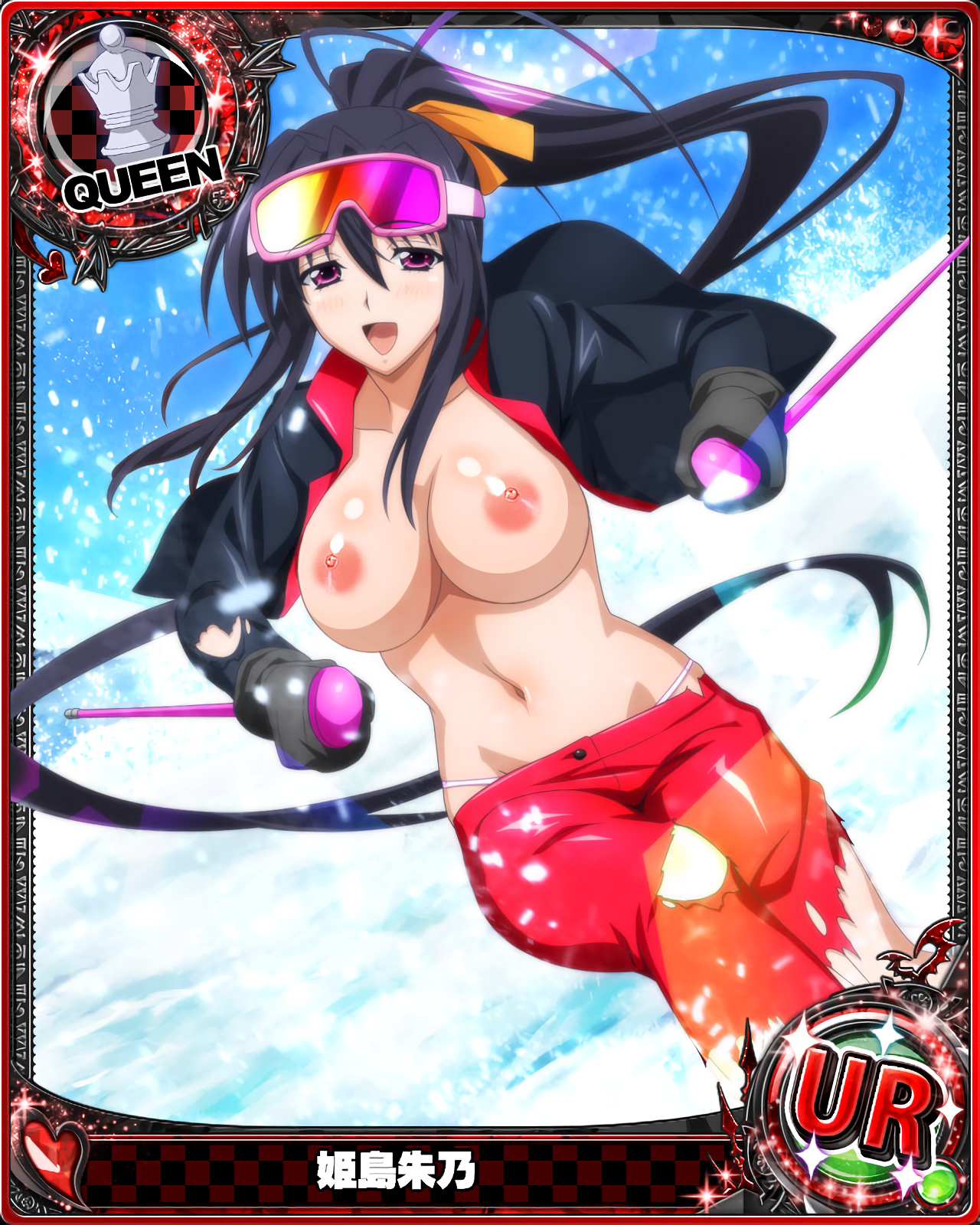 1girls, akeno himejima, black hair, breasts, card (medium), cartoony, female, female only, high school dxd, large breasts, magenta eyes, photoshop, solo, topless