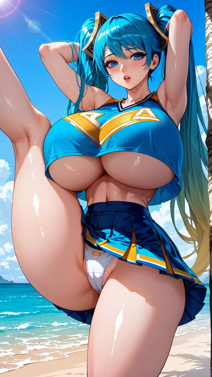 1girls 2024 ai_generated big_breasts blue_eyes blue_hair breasts cheerleader cheerleader_outfit cheerleader_uniform cleavage curvy huge_breasts jiuyang-hsien large_breasts league_of_legends light-skinned_female light_skin sideboob sona_buvelle underboob