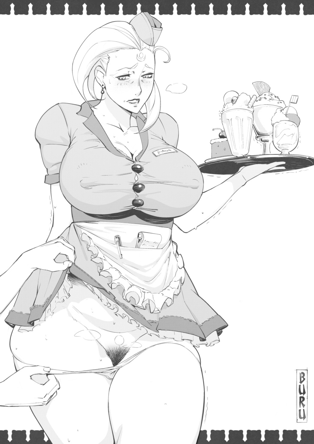 1girls, blush, breasts, burustandin, diana (league of legends), embarrassed, female, hat, huge breasts, large breasts, league of legends, nipples, nipples visible through clothing, panty pull, pubic hair, pussy, riot games, skirt, skirt lift, sweat, tray, waitress
