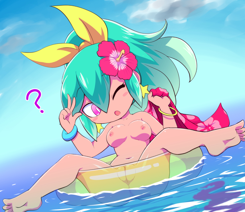 ;o ? aqua_hair ass barefoot beachhime blue_sky blush_stickers breasts chibi cloud day earrings feet female flower hair_between_eyes hair_flower hair_ornament hair_ribbon hibiscus innertube jewelry level-5 long_hair looking_at_viewer looking_away medium_breasts navel nipples nollety nude one_eye_closed outdoors pink_eyes ponytail pussy ribbon see-through sky solo spread_legs star star_earrings tentacle v water yo-kai_watch youkai_watch