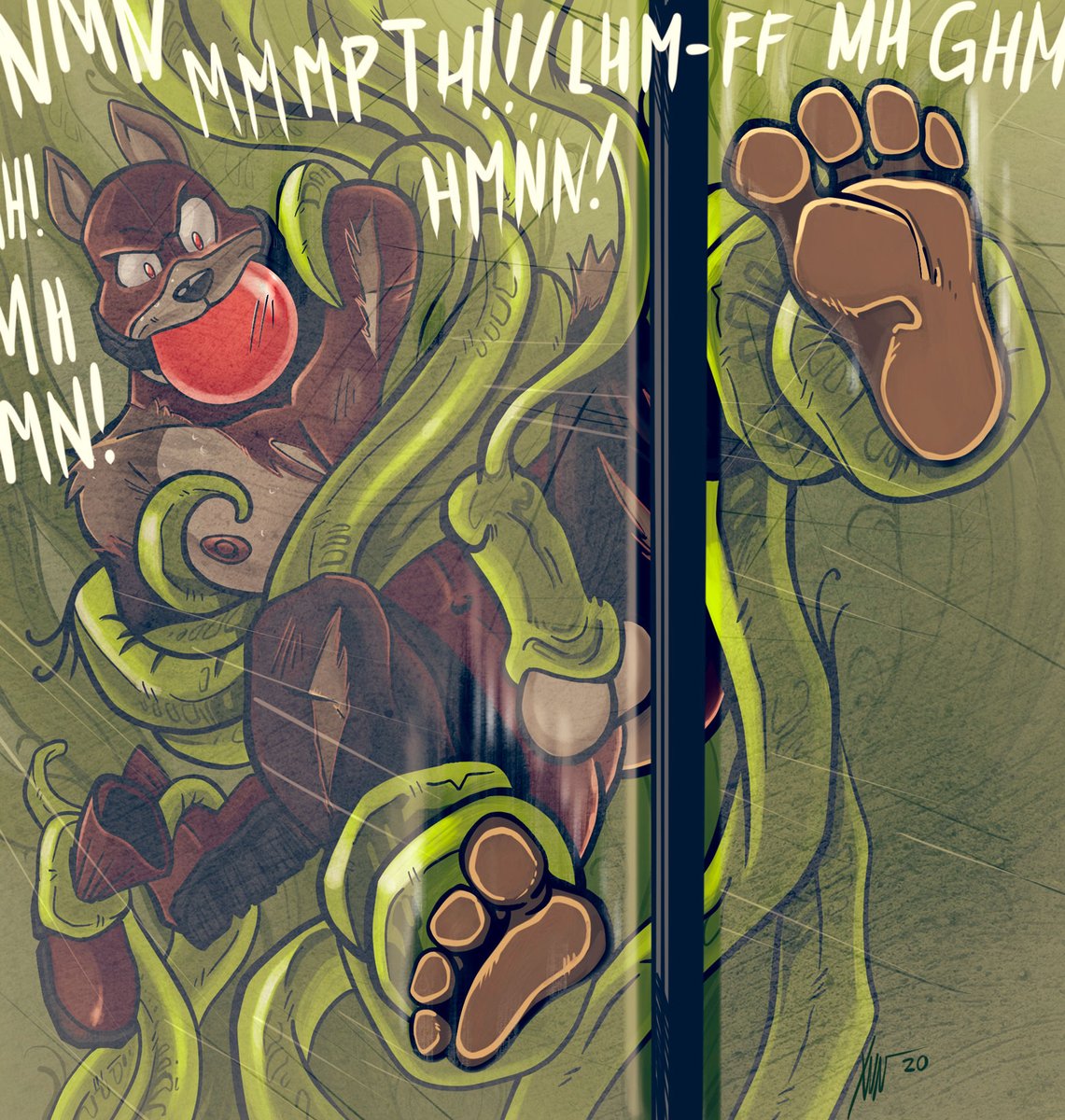 angry anthro ball_gag barefoot big_ball_gag bondage clothing feet footwear gag hero hi_res impximon male mammal procyonid raccoon safeword_(character) sex shoes solo submissive_male tentacle tentacle_sex toes