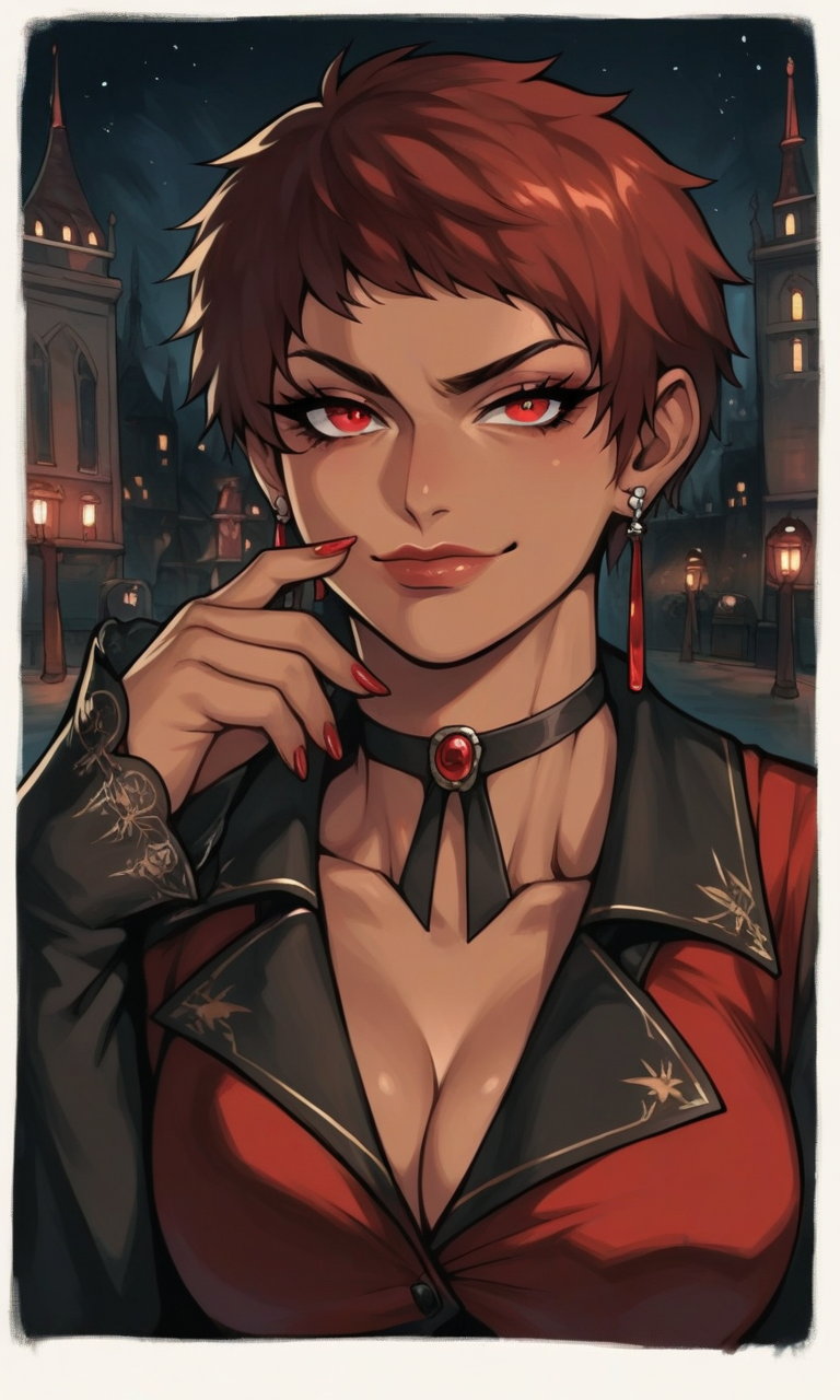 1girls ai_generated big_breasts brown_hair busty cleavage curvaceous dark-skinned_female dark_skin earrings female huge_breasts king_of_fighters red_eyes short_hair tan tan_skin tanned tanned_skin thick_lips vice_(kof) voluptuous