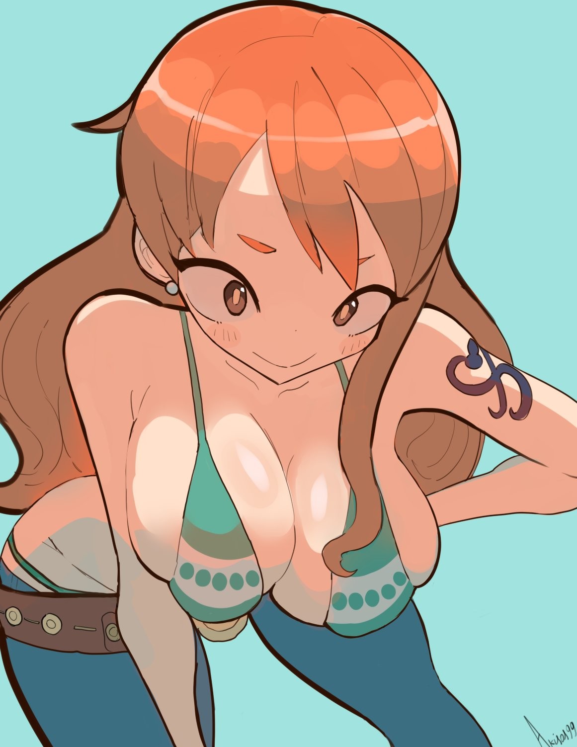///, 1girls, 2d, 2d (artwork), 2d artwork, adult, adult female, akisas99, anime, anime character, arm tattoo, background, bare arms, bare chest, bare shoulders, bare skin, bent forward, bent over, big boobs, big breasts, bikini, bikini bottom, bikini top, blue background, blue jeans, blue tattoo, blush face, blush lines, blushing, blushing at viewer, blushing female, blushing lines, breasts, busty, busty female, busty girl, cleavage, closed mouth smile, collarbone, digital, digital art, digital drawing, digital drawing (artwork), digital media, digital media (artwork), drawing, earring, exposed arms, exposed chest, exposed shoulders, exposed skin, eye-level view, fanart, female, female focus, female only, female protagonist, flushed, flushed cheeks, flushed face, from front, front view, ginger, ginger hair, glistening boobs, glistening breasts, glistening hair, glistening skin, glossy breasts, glossy hair, green bikini, green bikini bottom, green bikini top, green swimsuit, green swimwear, halterneck, inframammary fold, inguinal crease, inguinal ligament, jeans, knees out of frame, large boobs, large breasts, leaning, leaning forward, log pose, long hair, looking at viewer, main character, manga character, mature, mature female, monotone background, nami (one piece), one color background, one piece, one piece: fishman island arc, orange eyebrows, orange eyes, orange hair, orange hair female, orange-eyed female, orange-haired female, parted lips, plain background, portrait, post-timeskip, protagonist, shiny breasts, shiny hair, shiny skin, shonen jump, shoulders, shueisha, skindentation, smile, smiley face, smiling, smiling at viewer, solid color background, solo, standing, string bikini, striped bikini, striped bikini top, striped swimsuit, striped swimwear, swimsuit, swimwear, tattoo, tattoo on arm, tattooed arm, thighs, toei animation, top view, upper body, wavy hair, weekly shonen jump, white bikini, white bikini top, white swimsuit, white swimwear, wide hips