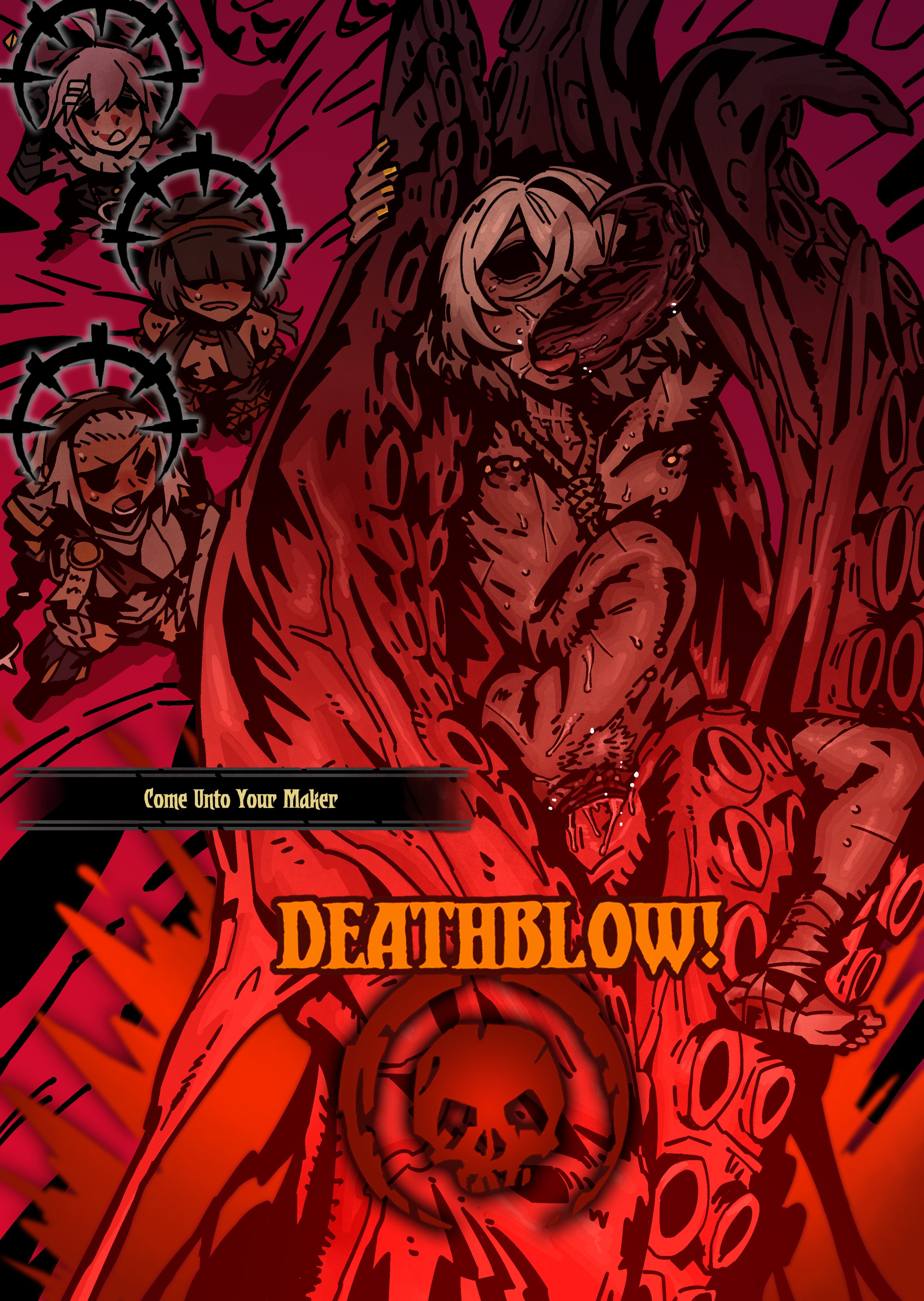 2026, 4girls, absurdly large tentacle, all the way through, ambiguous gender, bandage, clothed, clothed female, darkest dungeon, deep penetration, ebonyxh, eldritch horror, extreme size difference, eylin eyla (ebonyxh), female, gameplay mechanics, heart of darkness (darkest dungeon), hi res, horror, impossible fit, jester (darkest dungeon), looking up, man at arms (darkest dungeon), monster, monster on female, nipple piercing, nude, nude female, occultist (darkest dungeon), piercing, restrained, restrained by tentacles, rule 63, short hair, solaria (ebonyxh), spoilers, stomach bulge, stress, stressed, sweat, tentacle, tentacle monster, tentacle sex, text, uncensored, watching, white hair