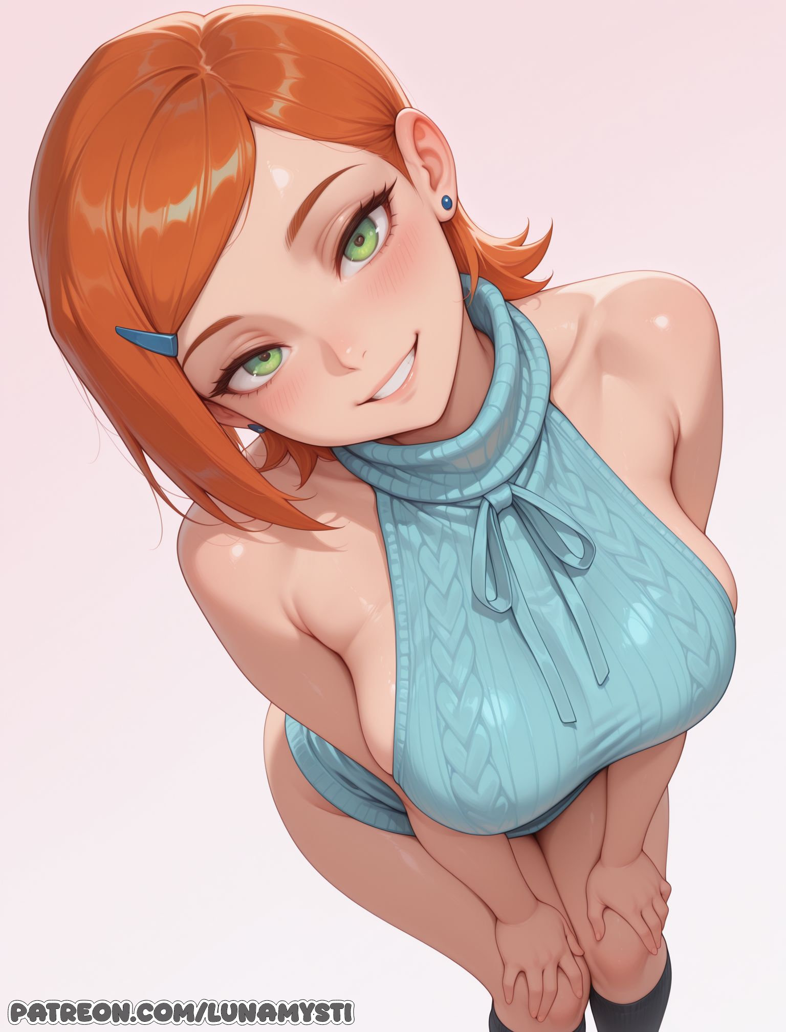 1girl, 1girls, ai generated, ben 10, blush, boobs, breasts, cartoon network, cleavage, clothed, clothed female, curvy, female, female focus, female only, focus, fully clothed, ginger, ginger hair, green eyes, gwen tennyson, gwen tennyson (classic), hairclip, large breasts, lunamysti, nipples, nipples covered, nipples visible through clothing, orange hair, pussy, red hair, sfw, short hair, solo, solo female, solo focus, sweat, teeth, tight clothes, tight clothing, uncensored
