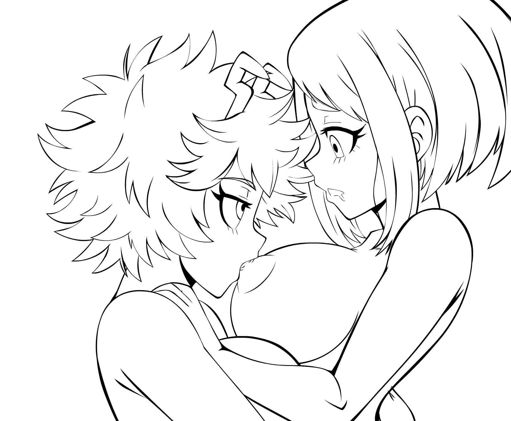 big breasts, breasts, drawn, female, lesbian sex, lewdamone, mina ashido, monochrome, my hero academia, ochako uraraka, sketch, sucking, yuri