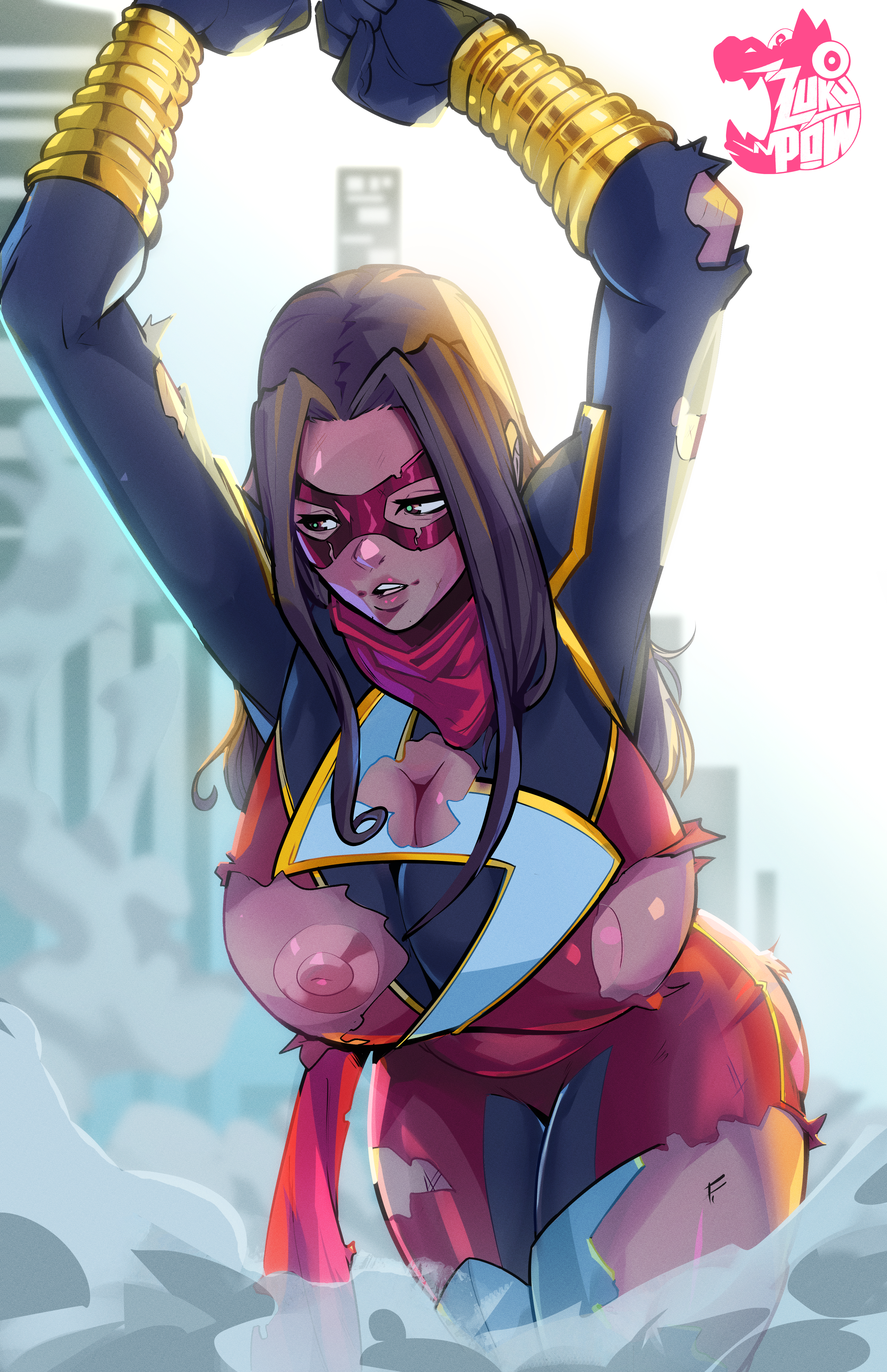 1girl, aged up, arm band, arm bands, artist name, artist signature, avengers, brown body, brown eyes, brown hair, brown skin, brown skinned female, city background, costume damaged, exhausted female, exhaustion, kamala khan, marvel, marvel comics, mask, masked female, ms. marvel, ms. marvel (kamala khan), muslim, muslim female, nipples, nipples exposed, nipples visible, outside, pakistani, pakistani female, pakistani-american, scarf, smoke, superheroine, zukupow