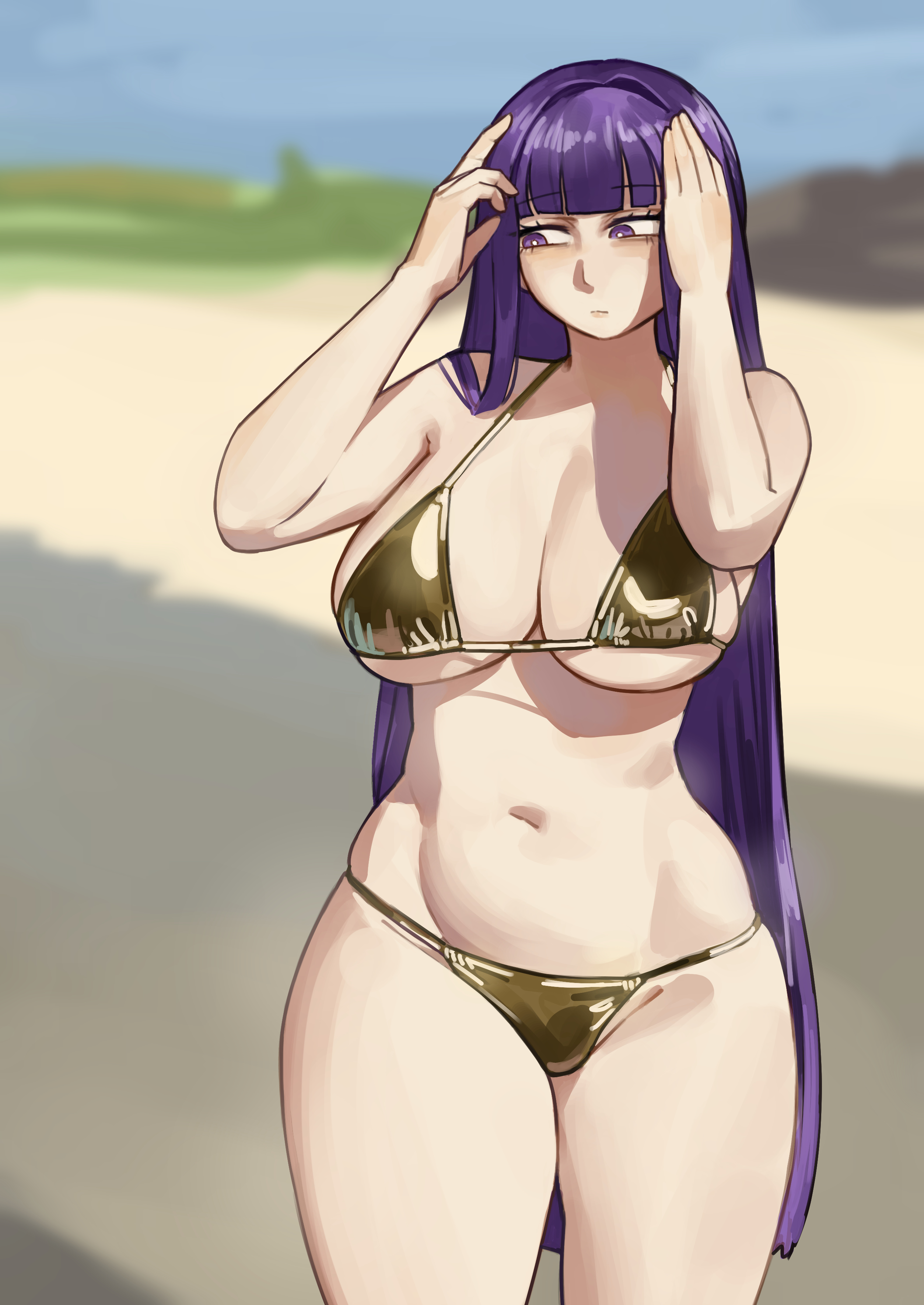 1girl, absurdres, beach, bikini, blue sky, blunt bangs, blurry, blurry background, breasts, cleavage, closed mouth, fern (sousou no frieren), gold bikini, golden week, grasslands, hands on own head, highres, large breasts, long hair, looking to the side, miao jiangyou, navel, purple eyes, purple hair, rock, sand, sideboob, sky, solo, sousou no frieren, standing, swimsuit, thighs, tree, underboob, very long hair
