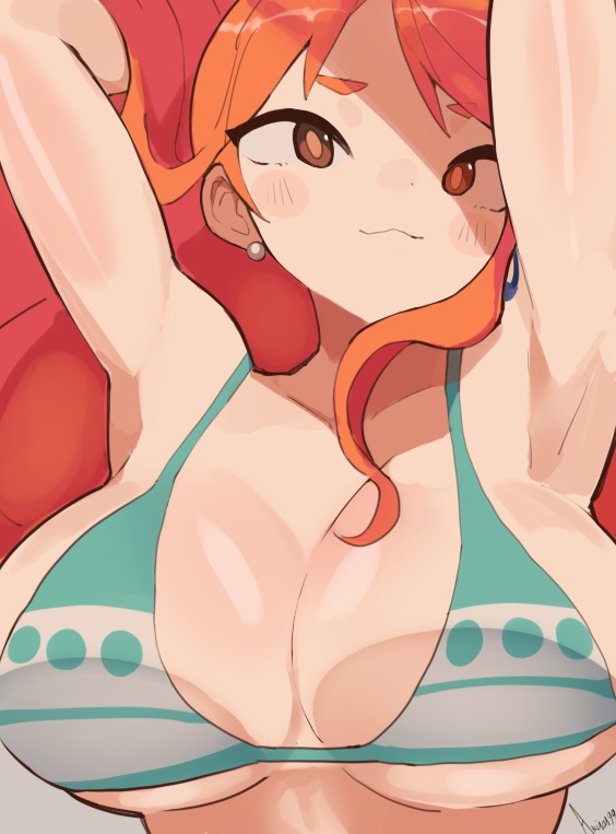 1girls, 2d, 2d (artwork), 2d artwork, adult, adult female, akisas99, almost naked, almost nude, anime, anime character, arm above head, arm tattoo, arm up, armpit, armpit crease, armpit focus, armpit peek, armpits, arms above head, arms up, bare armpits, bare arms, bare chest, bare midriff, bare shoulders, bare skin, big boobs, big breasts, bikini, bikini only, bikini top, blue tattoo, breasts, busty, busty female, busty girl, cleavage, closed mouth smile, collarbone, digital, digital art, digital drawing, digital drawing (artwork), digital media, digital media (artwork), drawing, earrings, exposed, exposed armpits, exposed arms, exposed chest, exposed midriff, exposed shoulders, exposed skin, eye-level view, eyebrows visible through hair, fanart, female, female focus, female only, female protagonist, from front, front view, ginger, ginger hair, green bikini, green bikini top, green swimsuit, green swimwear, hairless armpits, halterneck, hand above head, hand up, hands above head, hands up, huge boobs, huge breasts, inframammary fold, large boobs, large breasts, lean figure, long hair, looking at viewer, lower body out of frame, main character, manga character, mature, mature female, midriff, mostly nude, naked, naked female, naked woman, nami (one piece), narrow waist, nearly nude, nude, nude female, nudity, one piece, one piece: fishman island arc, orange eyebrows, orange eyes, orange hair, orange hair female, orange-eyed female, orange-haired female, plump breasts, posing, posing for the viewer, posing naked, posing nude, post-timeskip, practically nude, presenting armpit, protagonist, shaved armpits, shonen jump, shoulders, shueisha, slender body, slender waist, slim female, slim waist, smile, smiley face, smiling, smiling at viewer, solo, standing, string bikini, striped bikini, striped bikini top, striped swimsuit, striped swimwear, swimsuit, swimwear, tattoo, tattoo on arm, tattooed arm, toei animation, top view, upper body, weekly shonen jump, white bikini, white bikini top, white swimsuit, white swimwear
