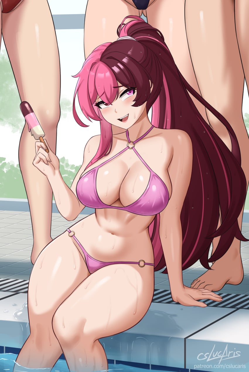 4girls, bikini, blake belladonna, brown hair, cslucaris, english commentary, english text, heterochromia, hi res, ice cream, indoors, looking up, neo (rwby), pink bikini, pink hair, poolside, popcicle, ruby rose, rwby, split-color hair, viz media, worried expression, yang xiao long