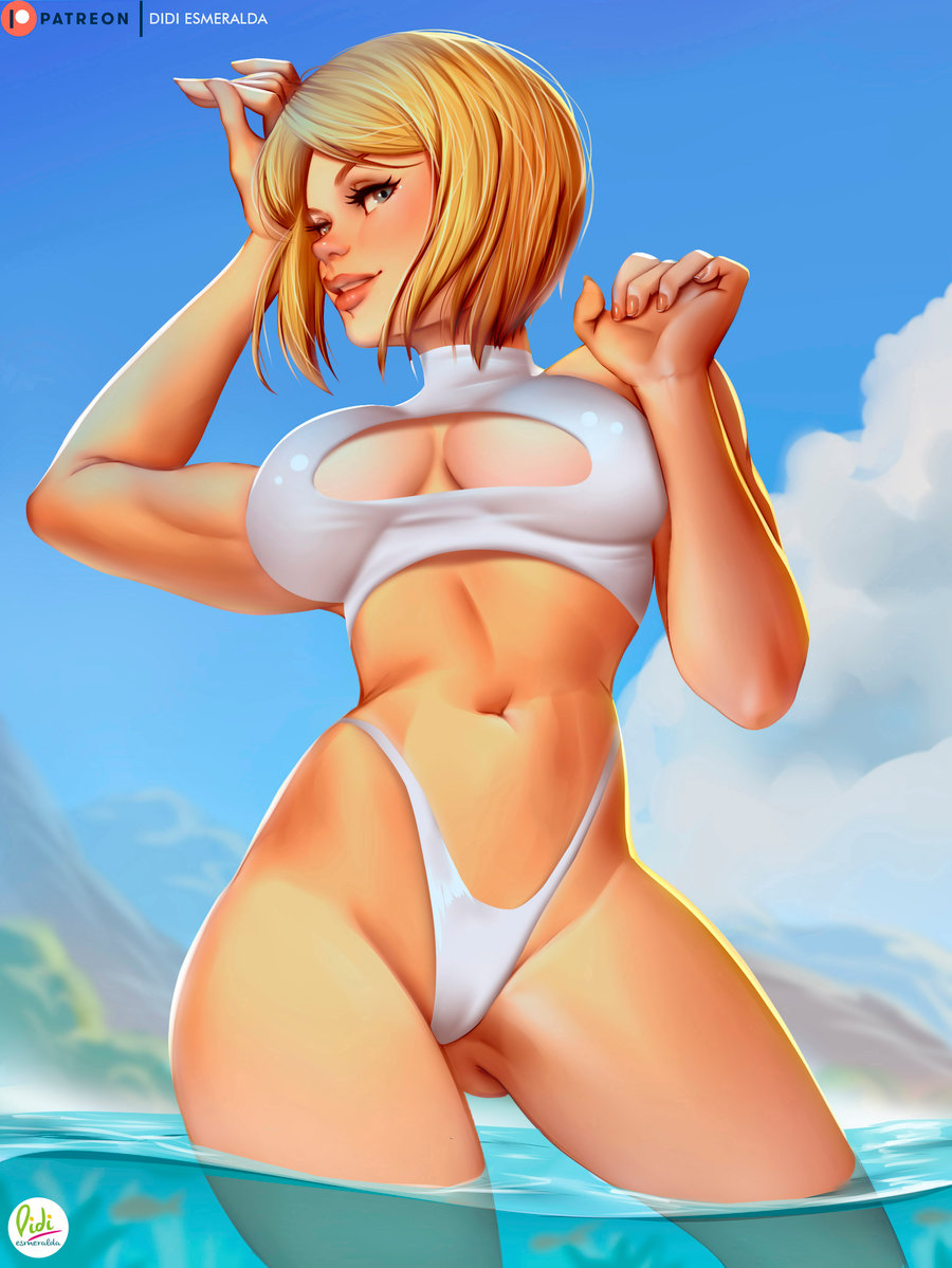 artist name, bikini, blonde hair, blush, breasts, cameltoe, cleavage cutout, clouds, cowboy shot, curvy, dc, dc comics, didi esmeralda, eyelashes, female, female only, front view, highleg, highres, human, justice league, large breasts, navel, partially submerged, power girl, pussy, short hair, signature, smile, solo, standing, superman (series), white bikini