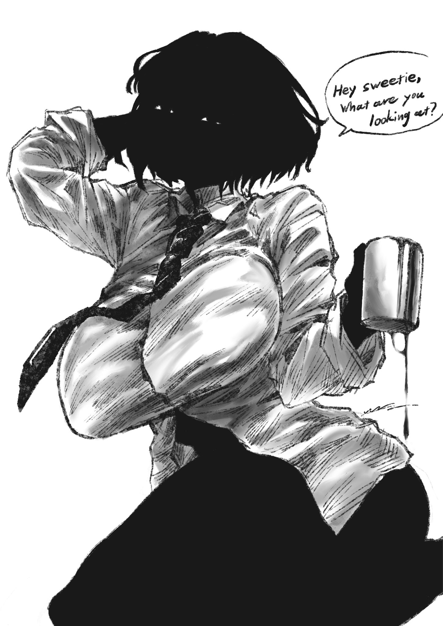 big boobs, big breasts, black body, black eyes, black hair, black skin, breasts, entity, female, huge boobs, huge tits, humanoid, mn90047517, monster, nate hand gesture, shirt, staring, staring at viewer, tagme, tie, tits, void, white shirt